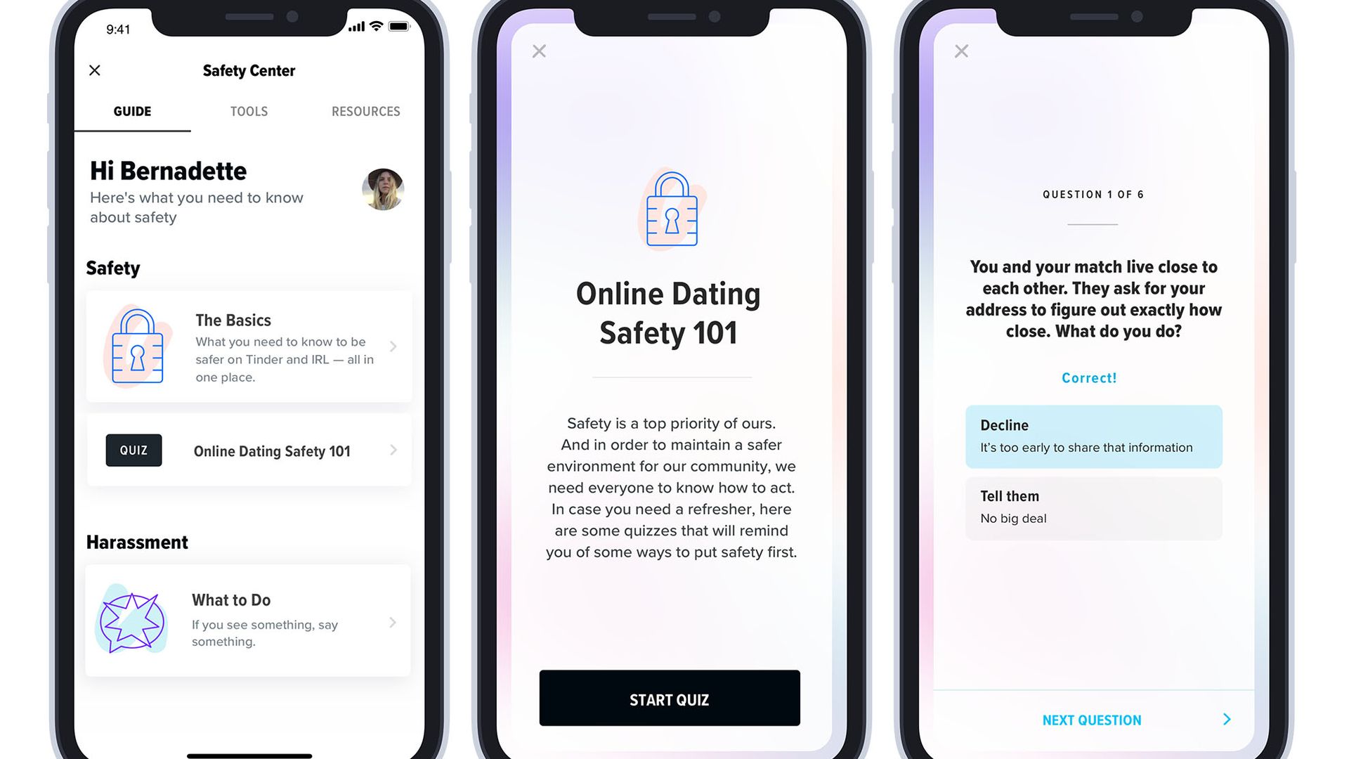 Images from Tinder's safety screens