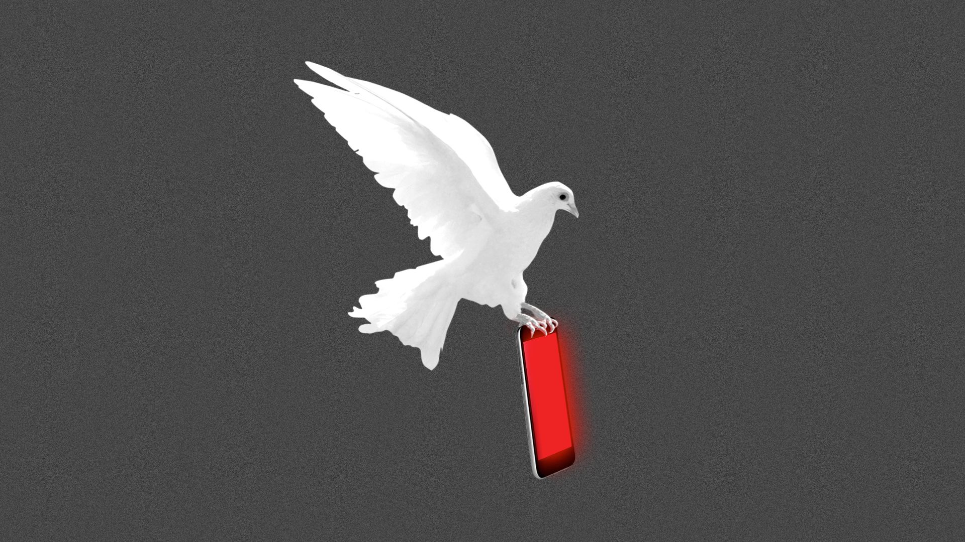 Illustration of a dove carrying a mobile phone glowing menacingly.