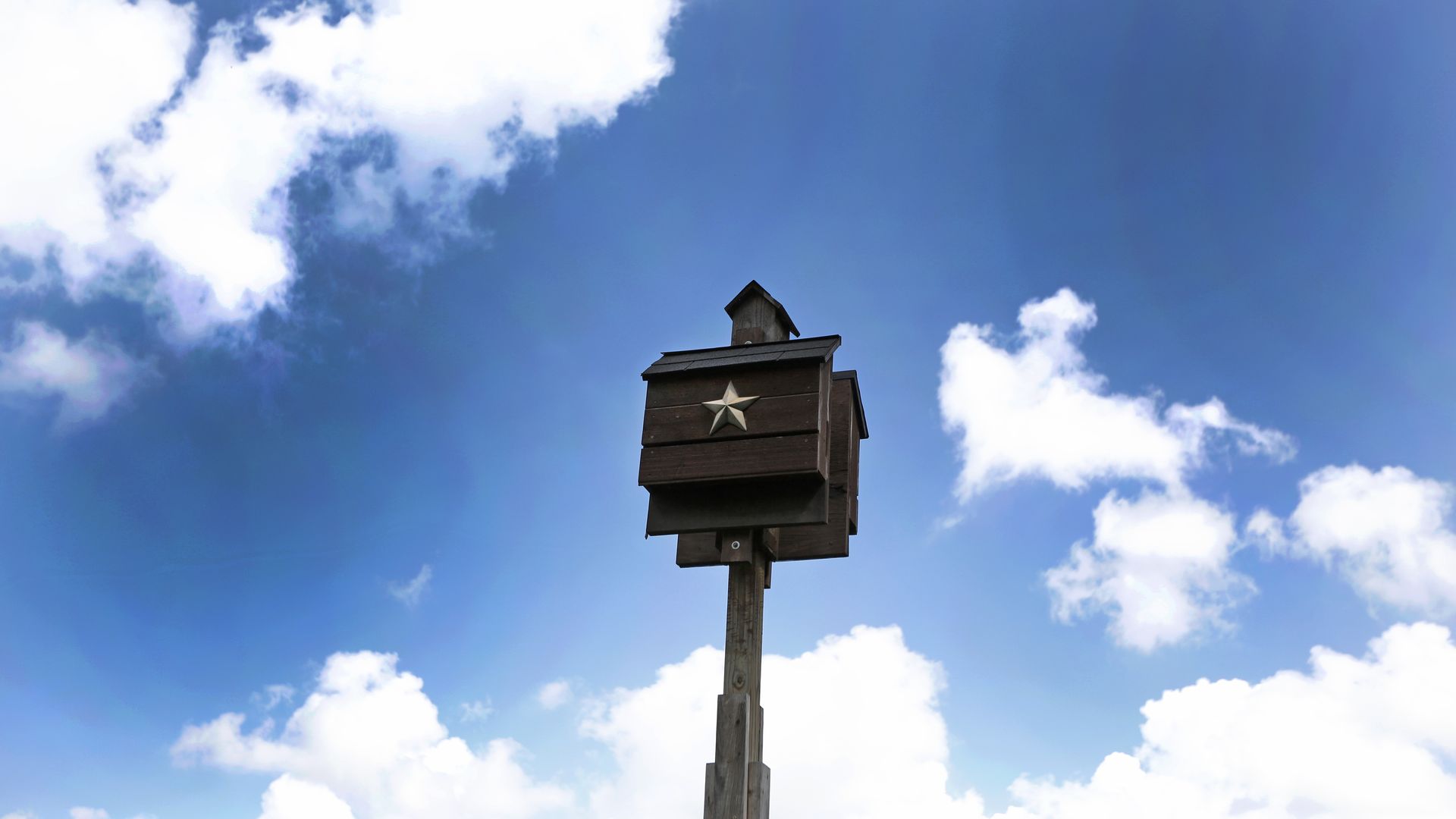 Tall wooden post with a sheriff-style star badge on a dark paneled bat house, set against a bright blue sky with fluffy white clouds.