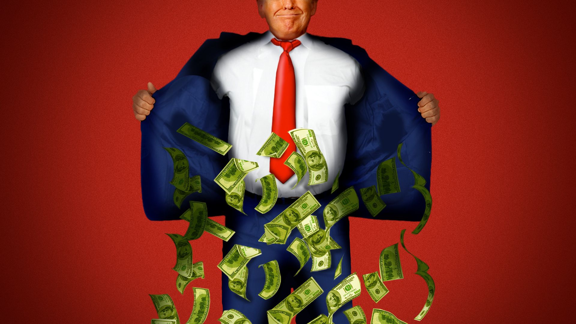 Photo illustration of Donald Trump opening his jacket with hundred dollar bills falling out. 