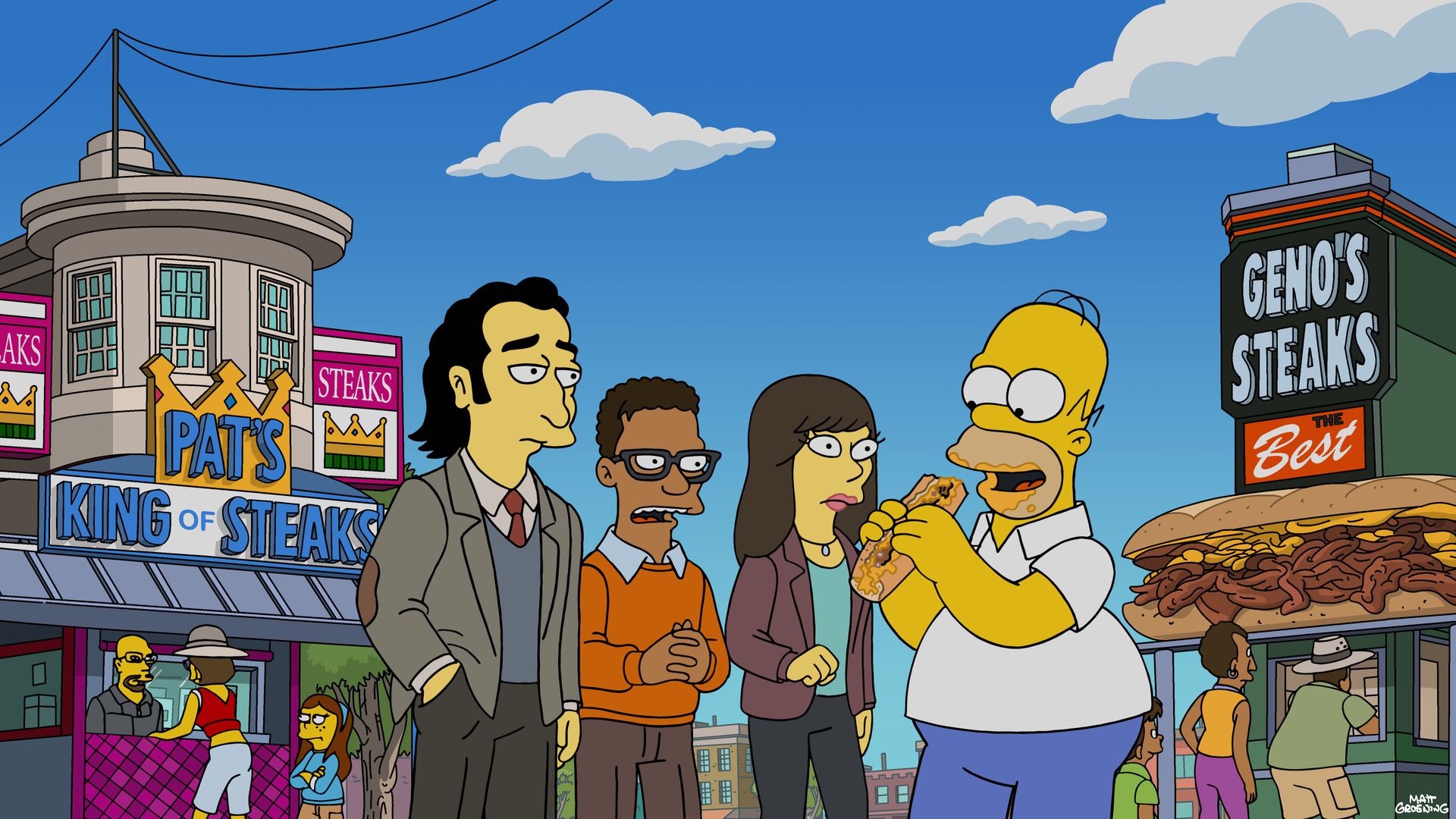 Homer Simpson eating a cheesesteak with three people watching in front of Pat's King of Steaks and Geno's Steaks, with a large cheesesteak sign under blue sky and clouds.