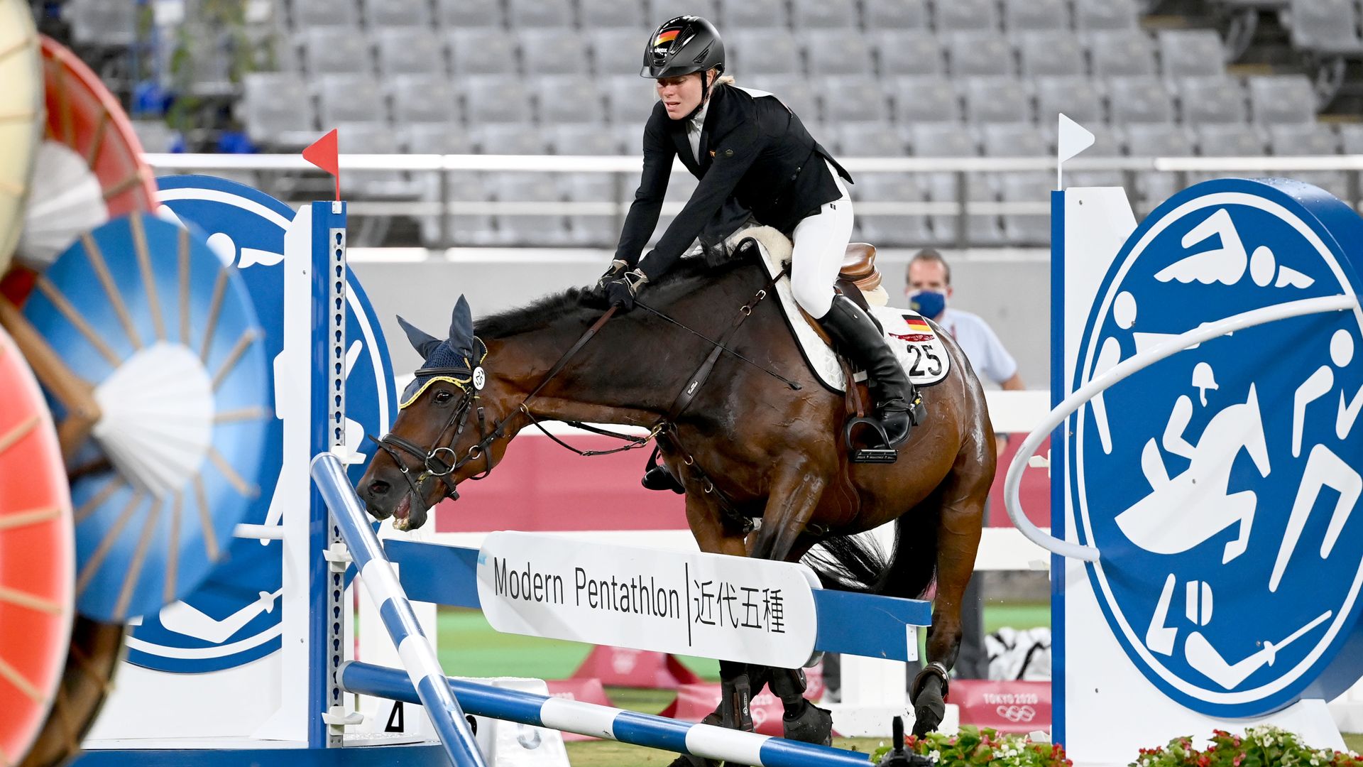 The horse Saint Boy, ridden by Annika Schleu from Germany, refuses to jump. 