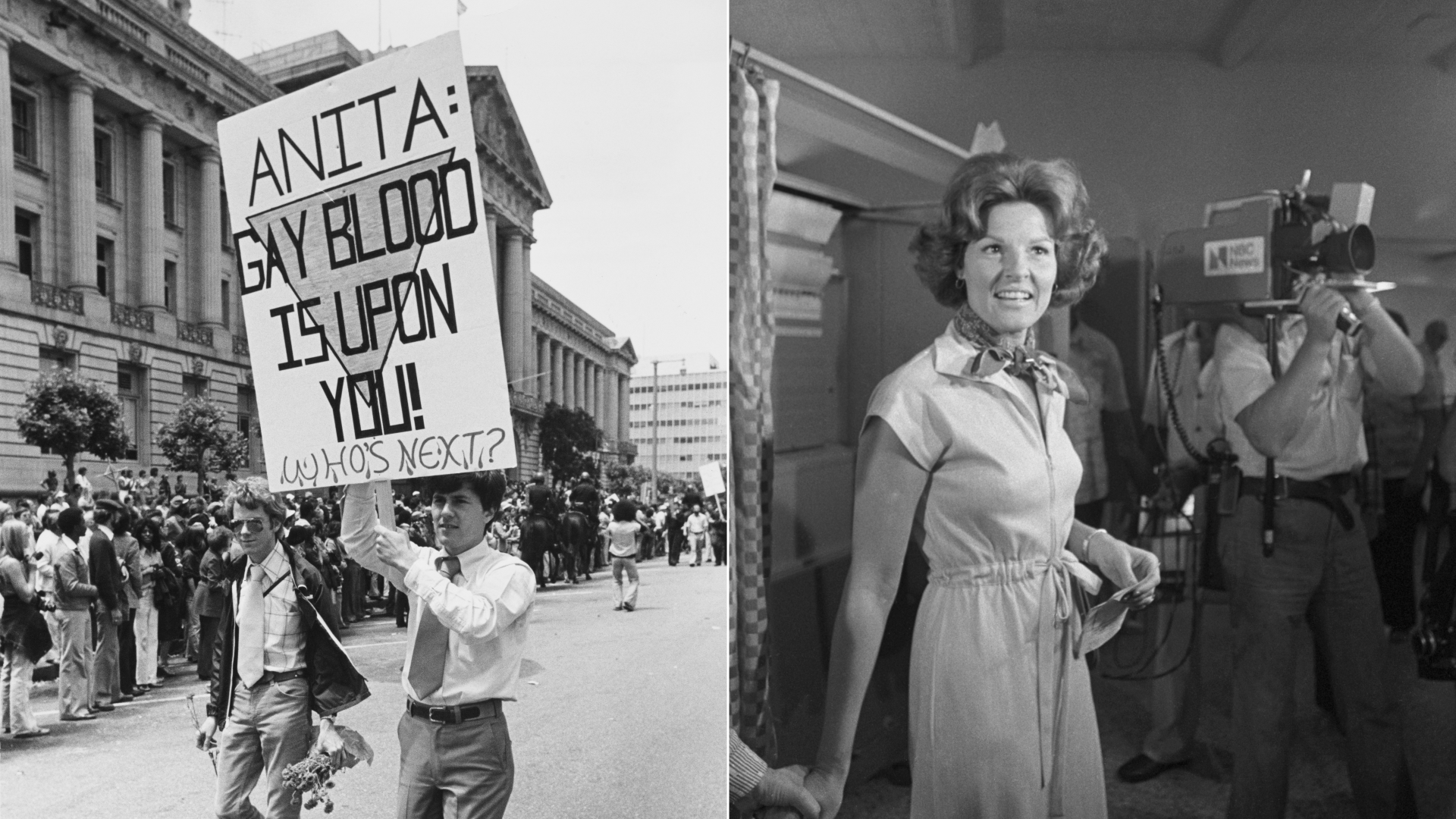 Two black-and-white images beside each other. The left image shows a man walking down the street holding a sign that says "ANITA: GAY BLOOD IS UPON YOU! Who's next?" The right image shows a woman with coiffed hair wearing a dress and neck scarf smiling beside a boxy, oldschool video camera.