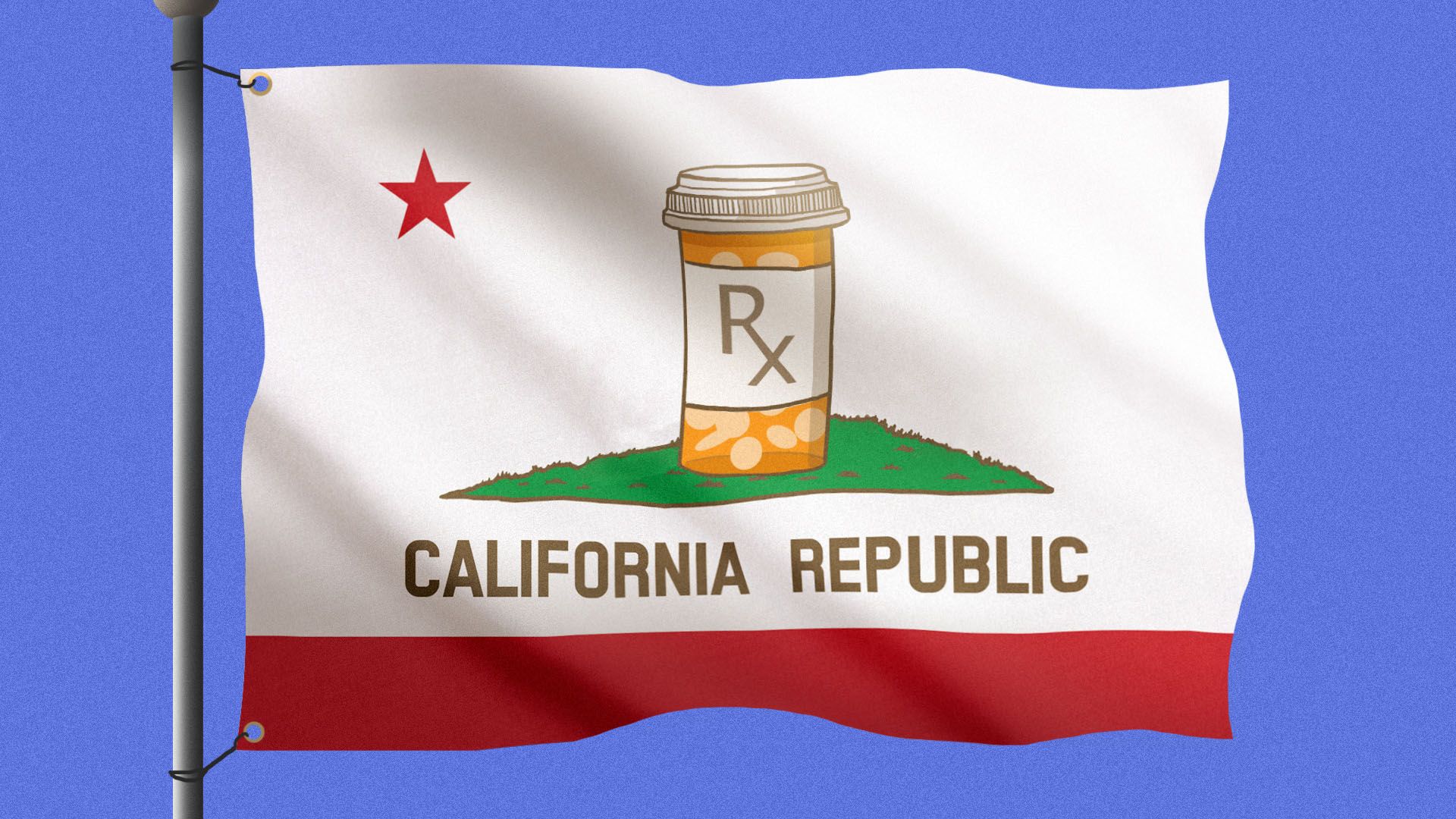 Illustration of the California state flag with the bear replaced by a pill bottle