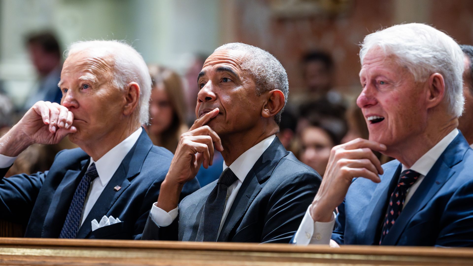 US President Joe Biden, from left, former US president Barack Obama, and former US president Bill Clinton during a memorial service for Ethel Kennedy at the Cathedral of St. Matthew the Apostle in Washington, DC, US, on Wednesday, Oct. 16, 2024. Ethel Kennedy, the wife of Robert F. Kennedy, died at 