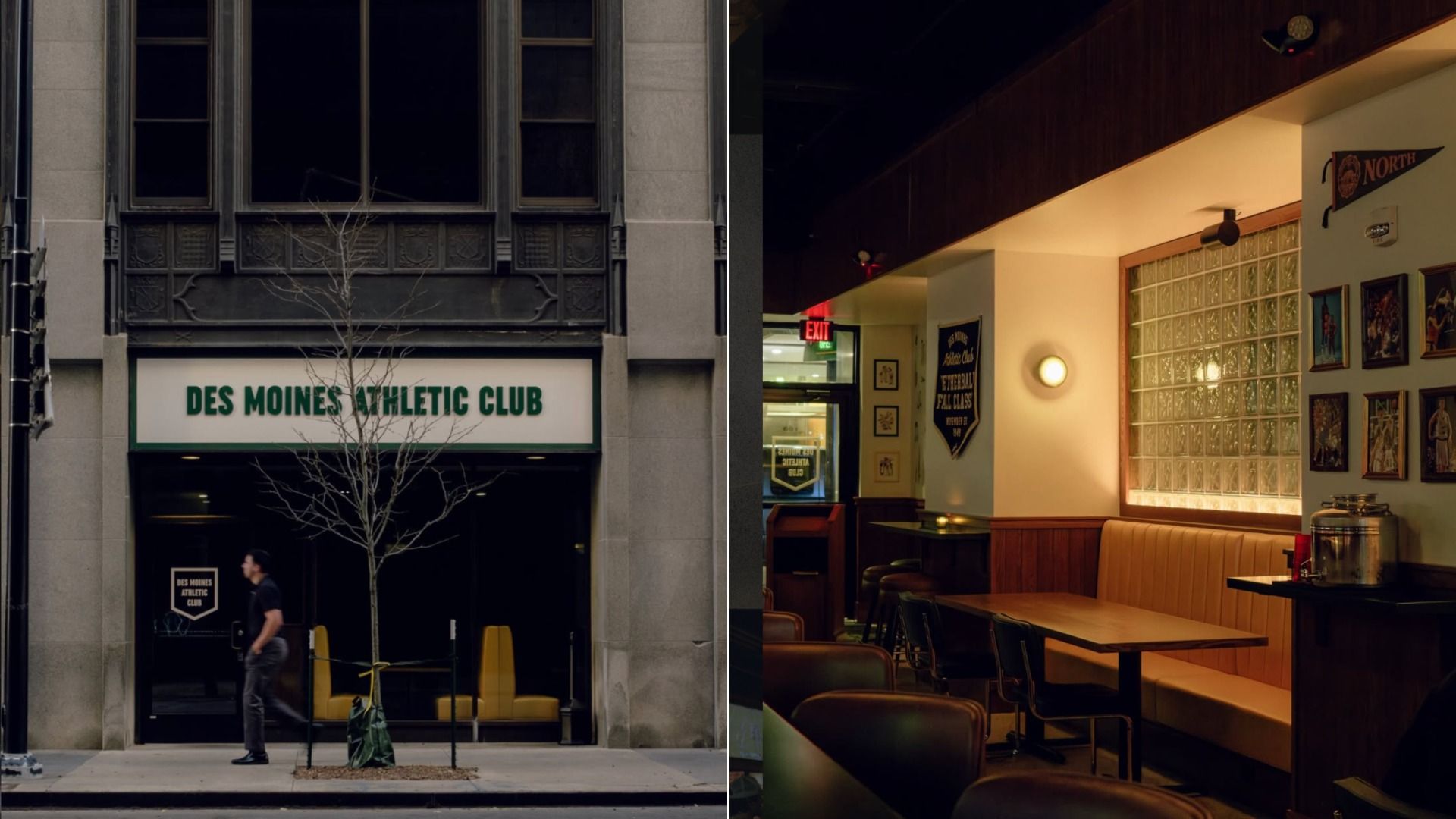 Two-panel view: left shows the Des Moines Athletic Club exterior with a bare tree and a man by glass doors; right is a warm indoor lounge with wooden tables, leather booths, and wall art.
