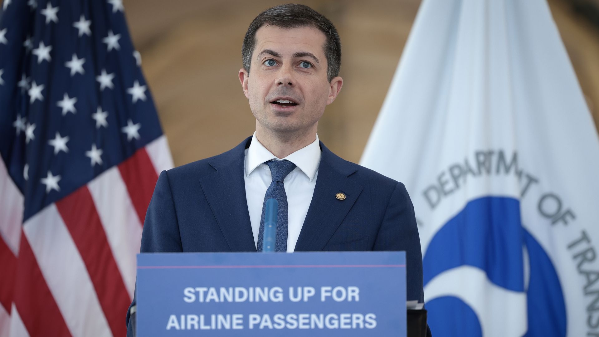 Transportation Secretary Pete Buttigieg speaking in Arlington, Virginia, on April 24.