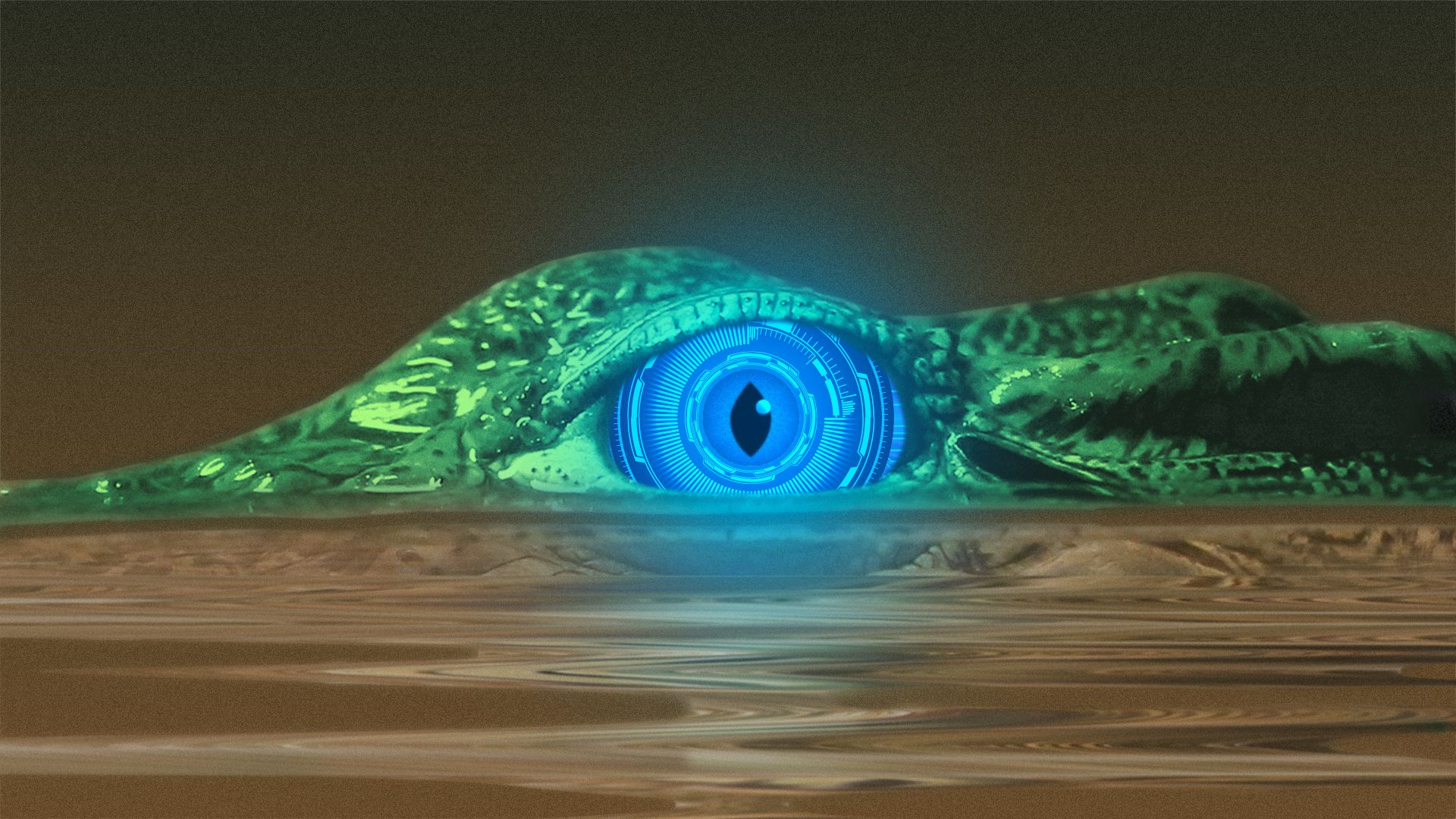 Illustration of an alligator peering up from murky waters with a glowing, blue, cybertronic eye. 