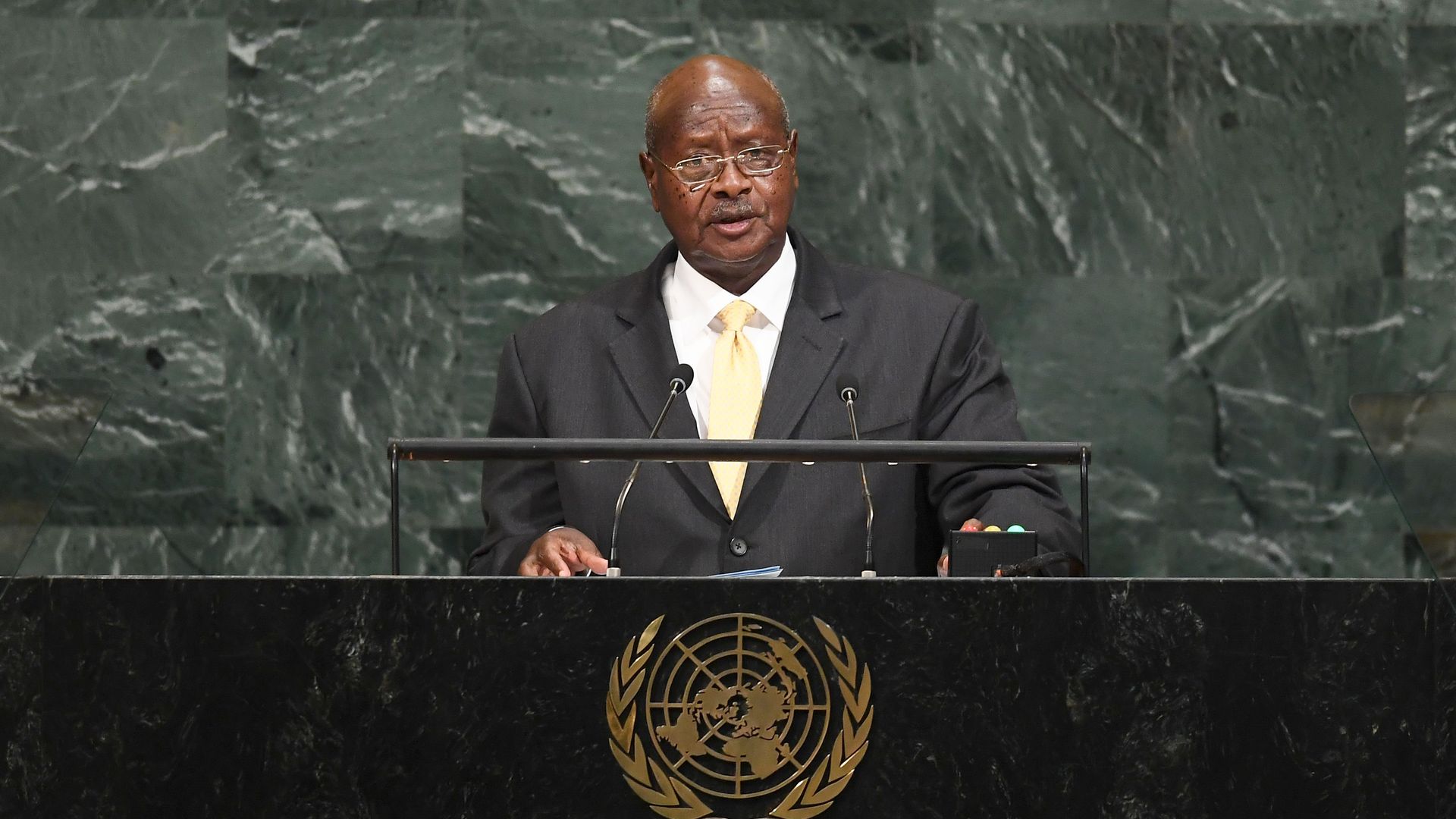 Ugandan President Museveni at lectern at UN Assembly