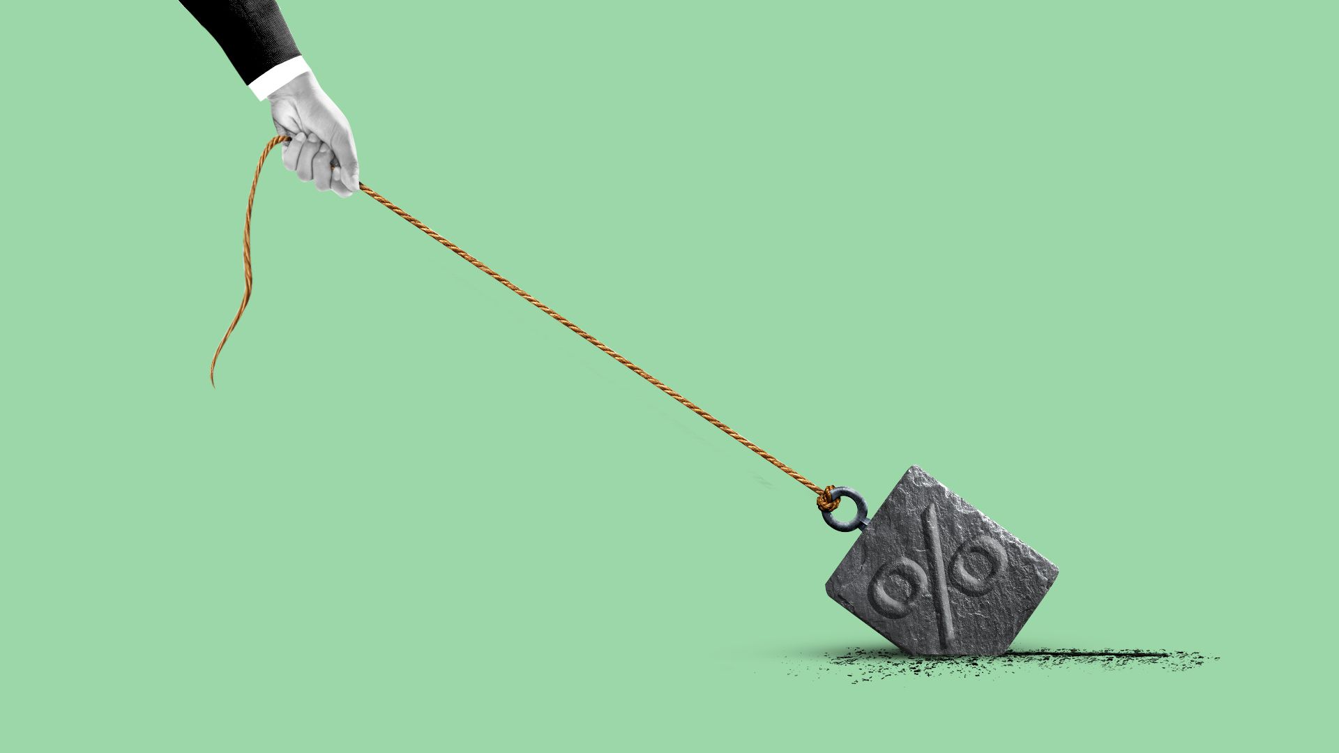 Illustration of a hand pulling a heavy weight with a "%" sign carved on the side.