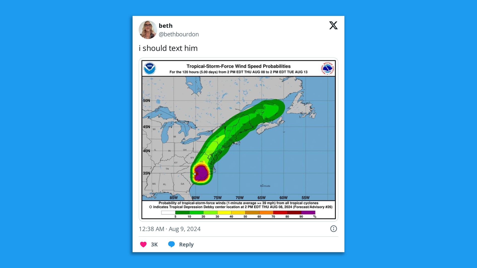 A screenshot of a tweet that says "I should text him" with a screenshot of a National Weather Service graphic of Debby's wind force probabilities that's green and phallic-shaped 