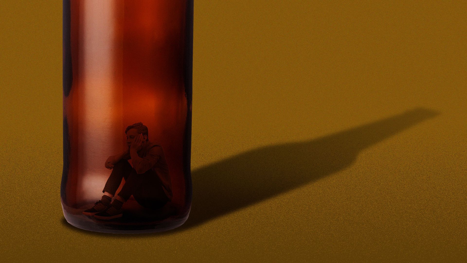 Illustration of a sad man sitting inside of an empty beer bottle.