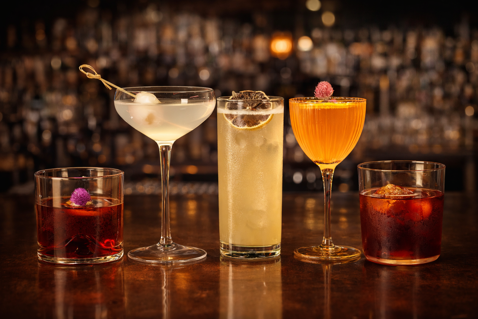 Five cocktails on a bar: a red short drink with ice and a purple flower; a pale coupe; a tall highball with a lemon wheel; an orange wineglass cocktail with a pink bloom; and another red drink.