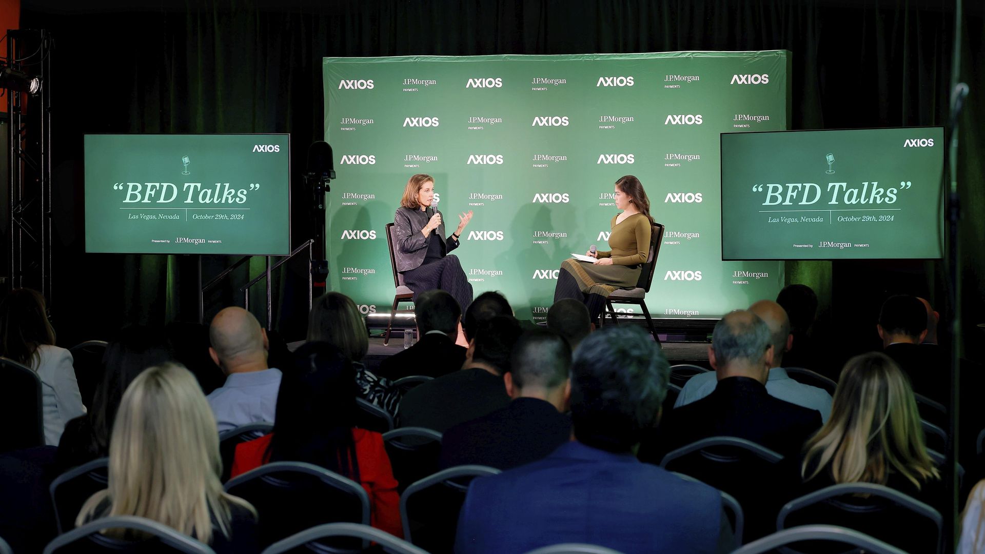 Thunes president Chloé Mayenobe in conversation with Axios' Lucinda Shen sitting on stage.
