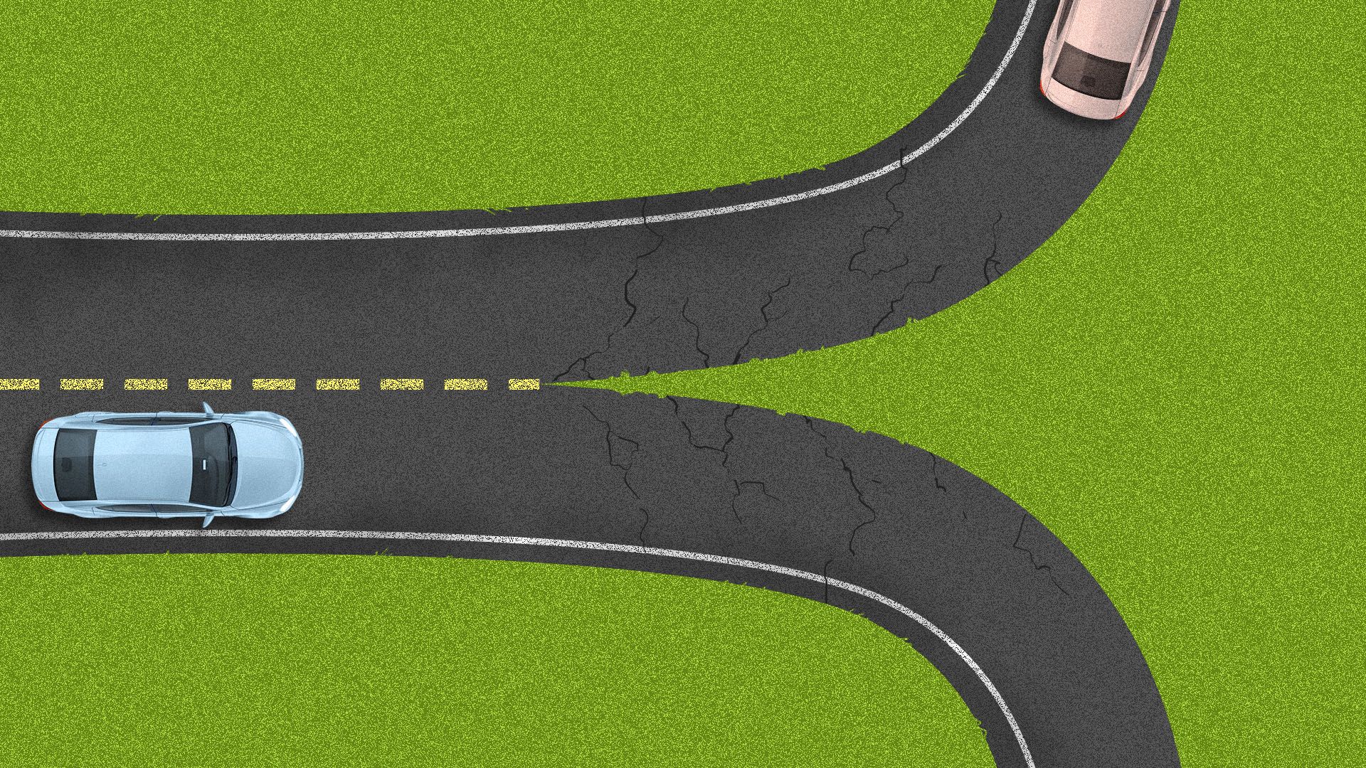 Illustration of a road with two cars on it splitting down the middle into two directions.