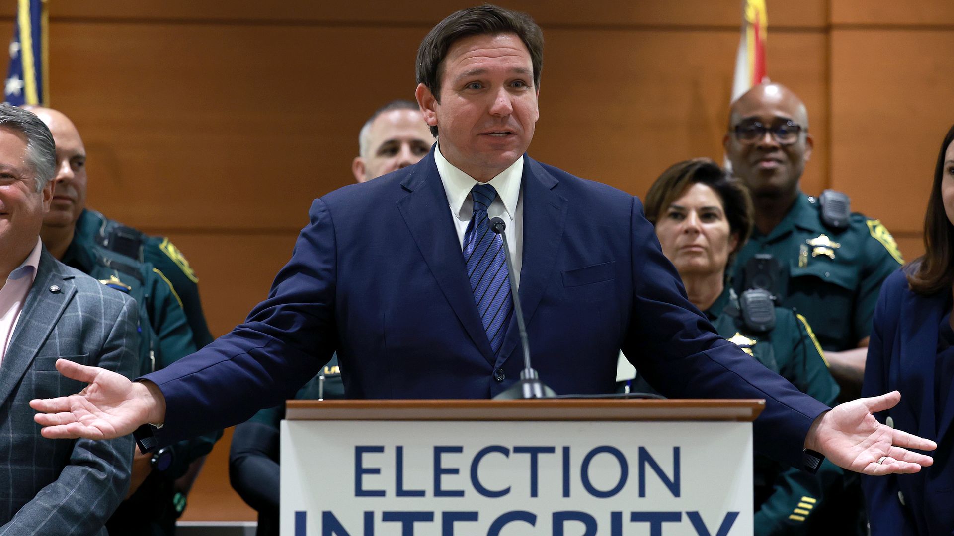 Florida Gov. Ron DeSantis speaks during a press conference at the Broward County Courthouse in Fort Lauderdale.