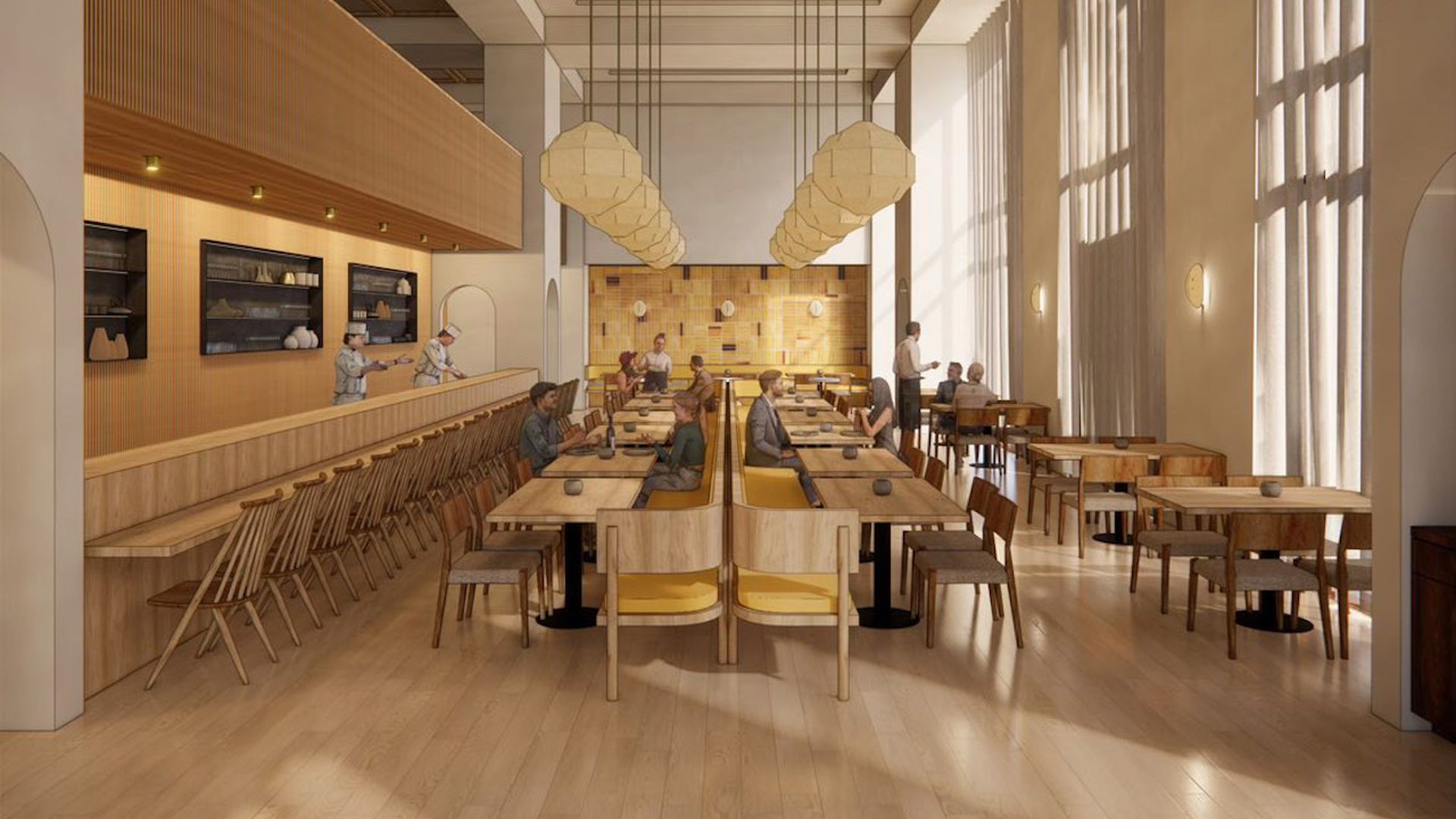 Rendering of upcoming restaurant Nineteen Hyaku shows high ceilings, pendant lighting and neutral furniture. 