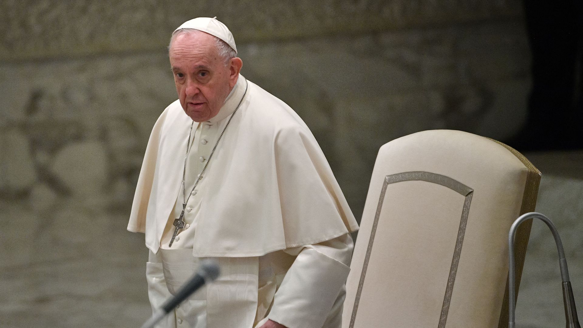 Pope Francis looks on during an audience for the Choirs of Antoniano, on March 19, 2022 at Paul-VI hall in The Vatican