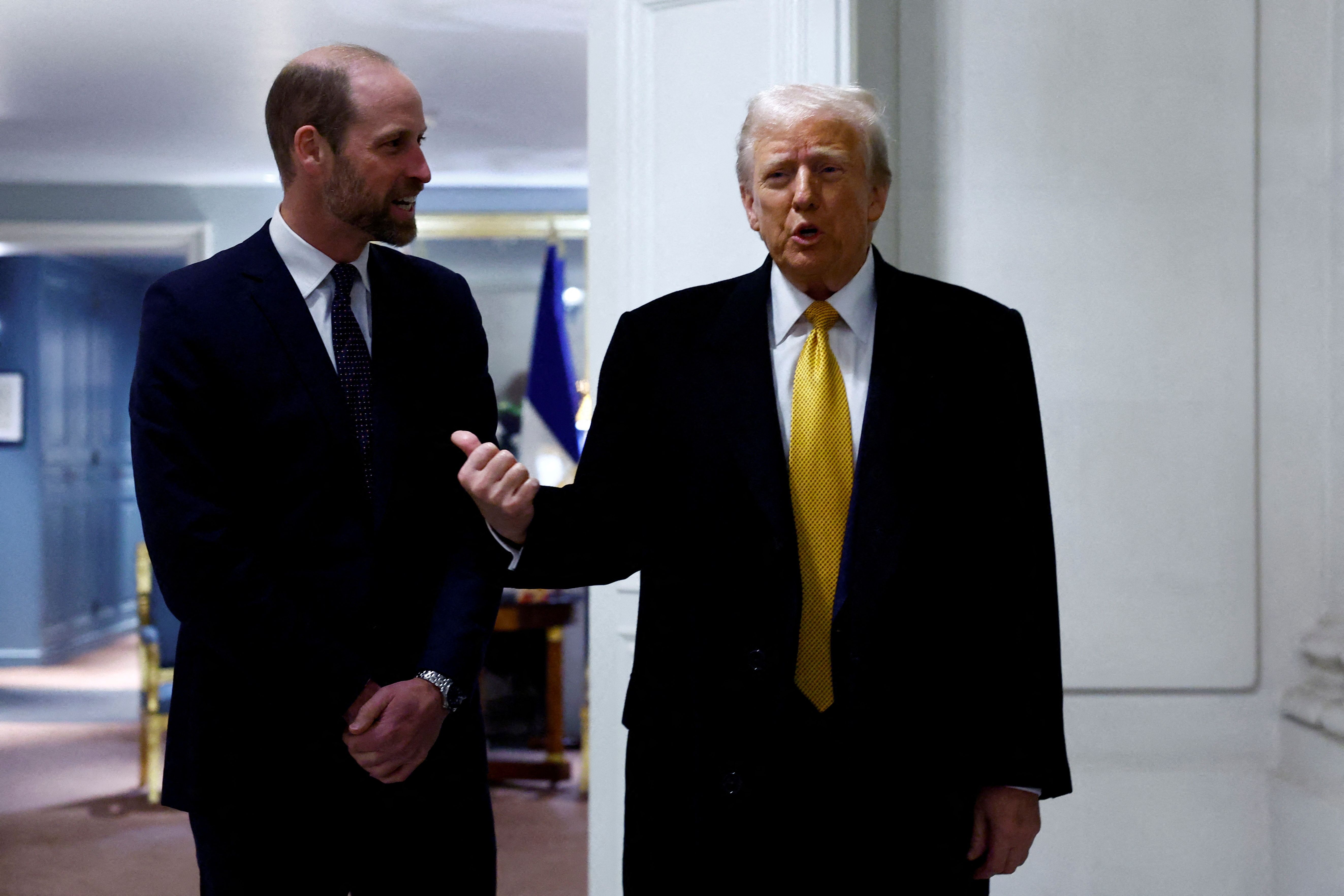 Britain's Prince William, Prince of Wales, and U.S. President-elect Donald Trump attend a meeting at the British Embassy in Paris as part of ceremonies to mark the reopening of the Notre-Dame de Paris Cathedral, five-and-a-half years after a fire ravaged the Gothic masterpiece, France, December 7, 2