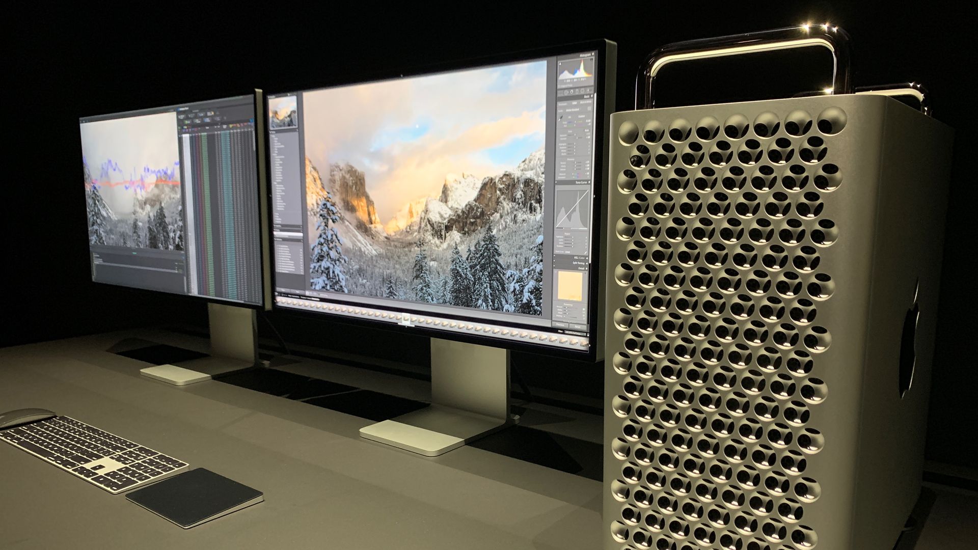 Apple's new Mac Pro alongside two of its new 32-inch, 6K monitors