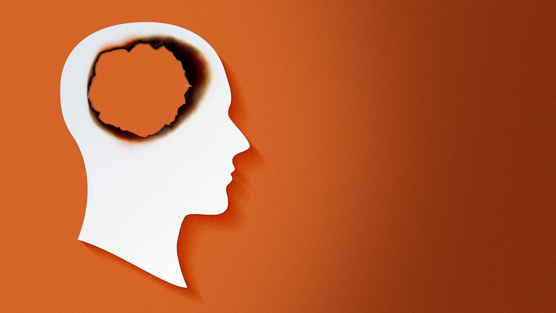 Illustration of a paper silhouette of a head with charred center.