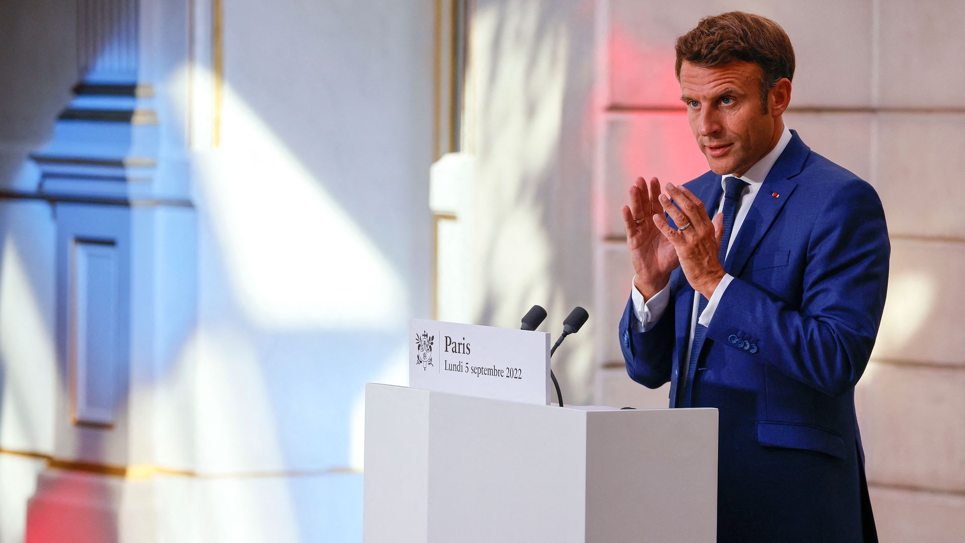 rance's President Emmanuel Macron addresses media following a conference with Germany's Chancellor Olaf Scholz on the energy crisis via video link