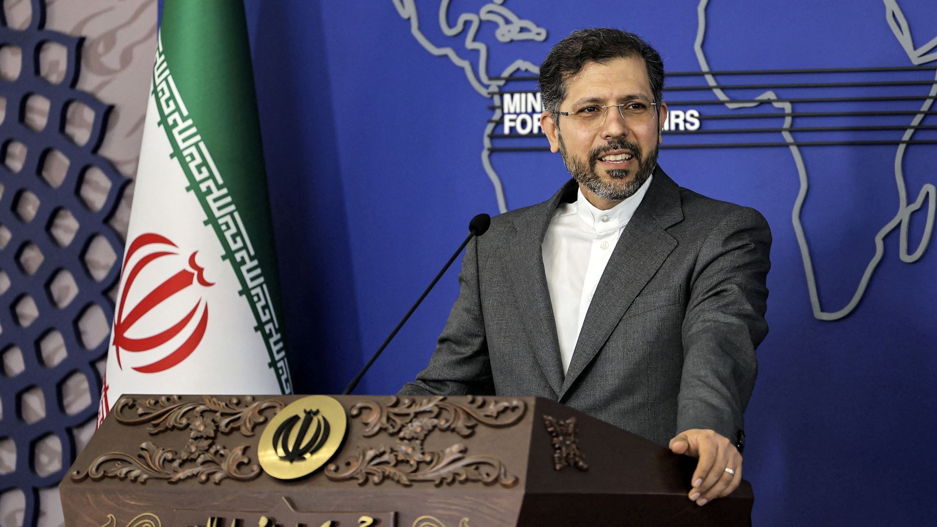 Iran's Foreign Ministry spokesperson Saeed Khatibzadeh holds a press conference in Tehran on May 9. Photo: Atta Kenare/AFP via Getty Images