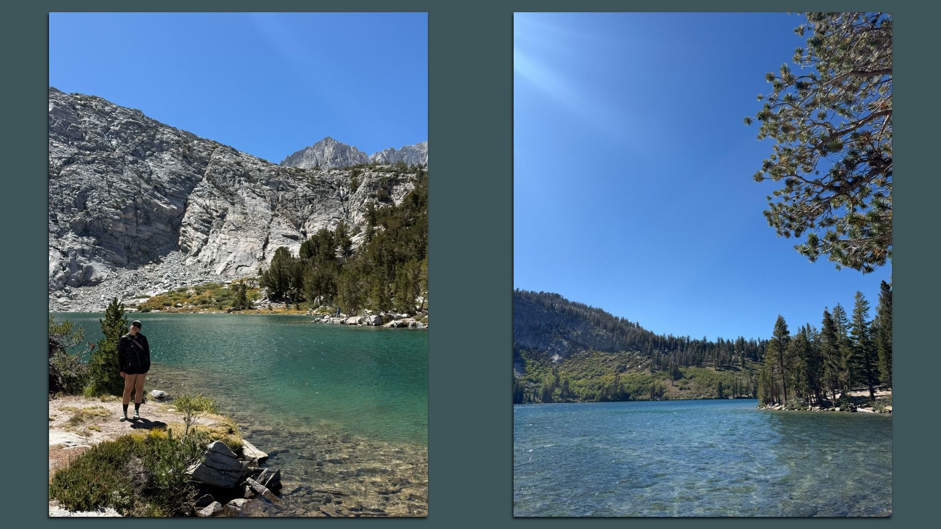 Two landscape photos side by side: left shows a turquoise alpine lake at rugged cliffs with a person near the shore and trees; right shows a blue sky over a forested lakeshore.