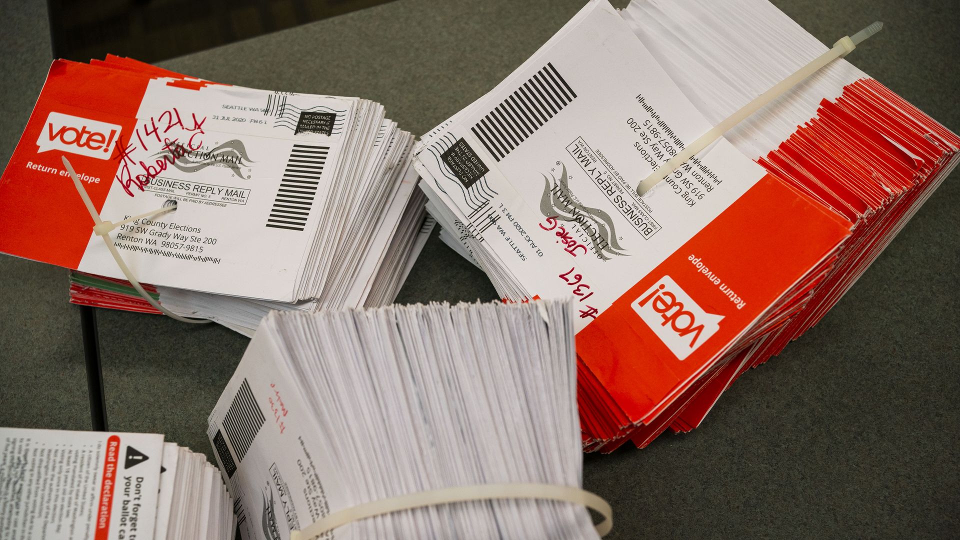  A stack of primary mail-in ballots held together by rubber bands