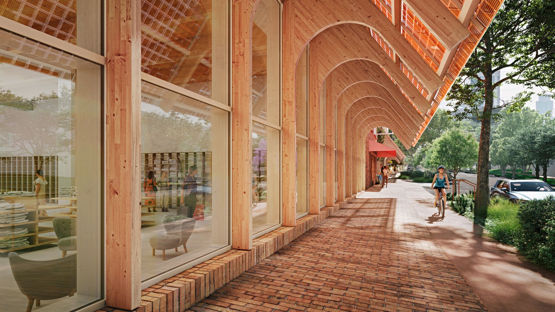 A rendering of an awning with a person riding a bike under it.