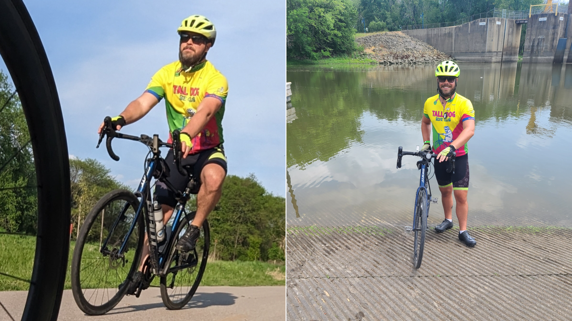 Luke Hoffman on his bike and him dipping his tire into a river for RAGBRAI