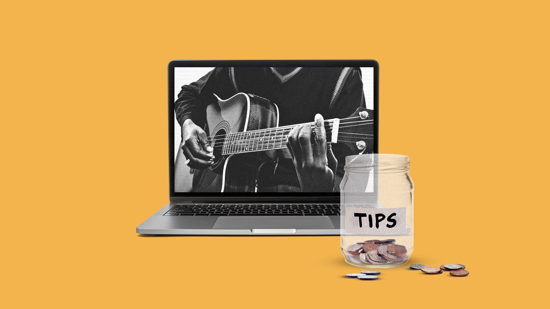 Illustration of a live performance on a laptop with a tip jar in front of the screen. 
