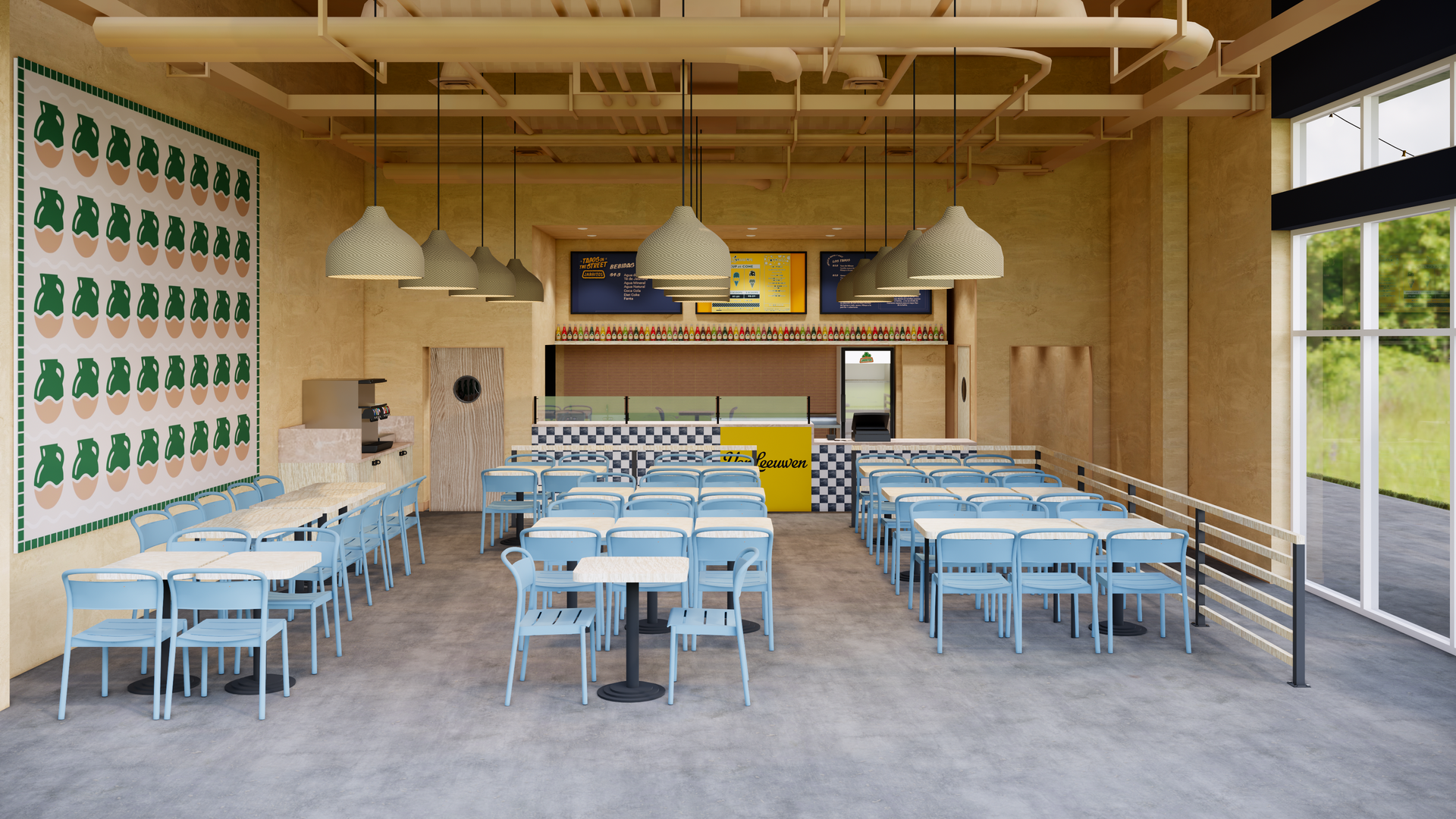 A rendering shows a wide open space with plentiful tables, low-hanging lights and a floor-to-ceiling window.