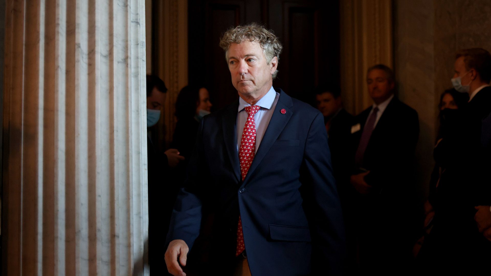 Sen. Rand Paul (R-KY) departs from a luncheon with Senate Republicans in the U.S. Capitol building on August 05, 2021