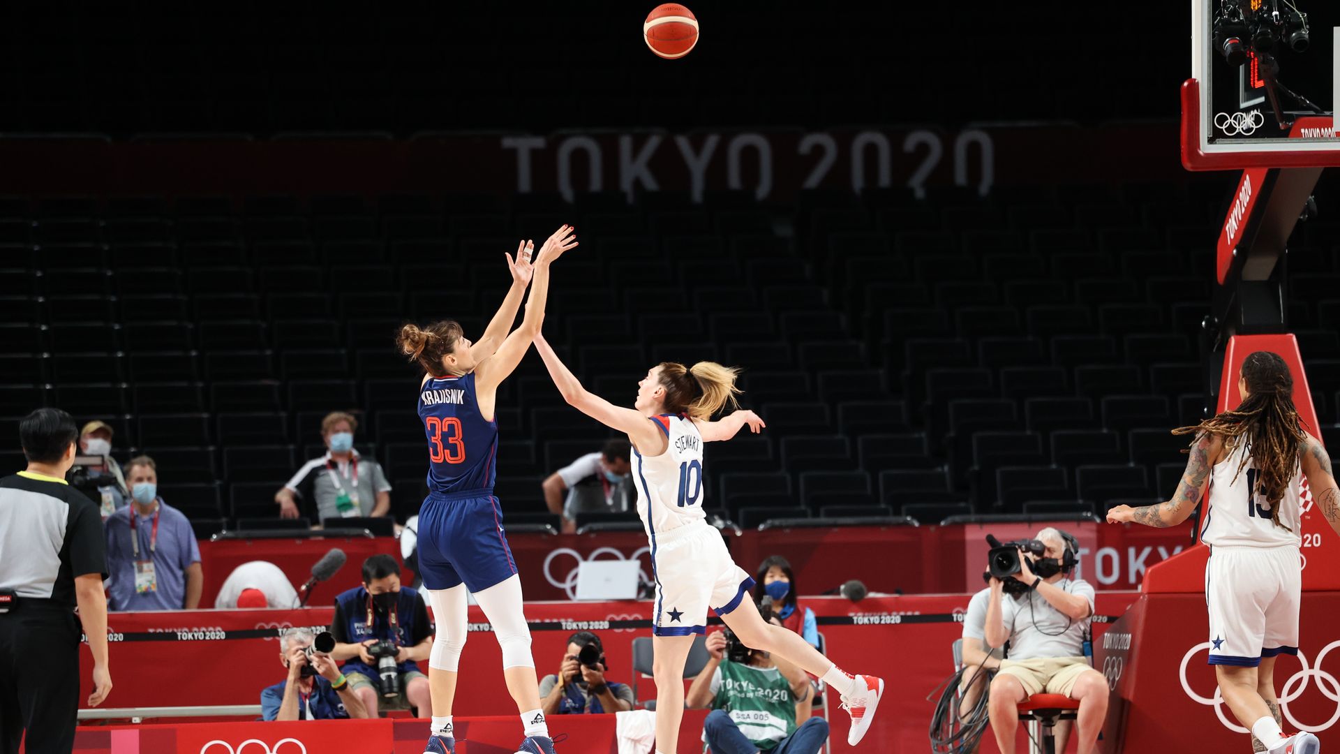 Breanna Steward defends against a Serbian shooter as the U.S. advances to Sunday's gold medal game.