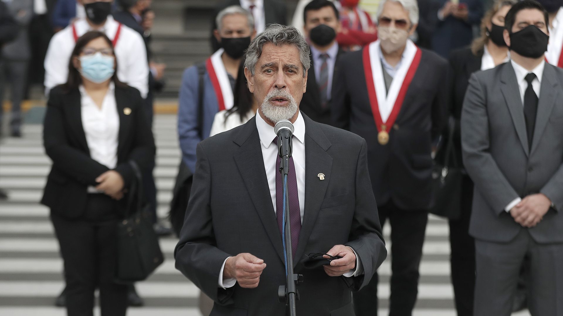 New interim President of Peru Francisco Sagasti speaks outside National Congress on November 16