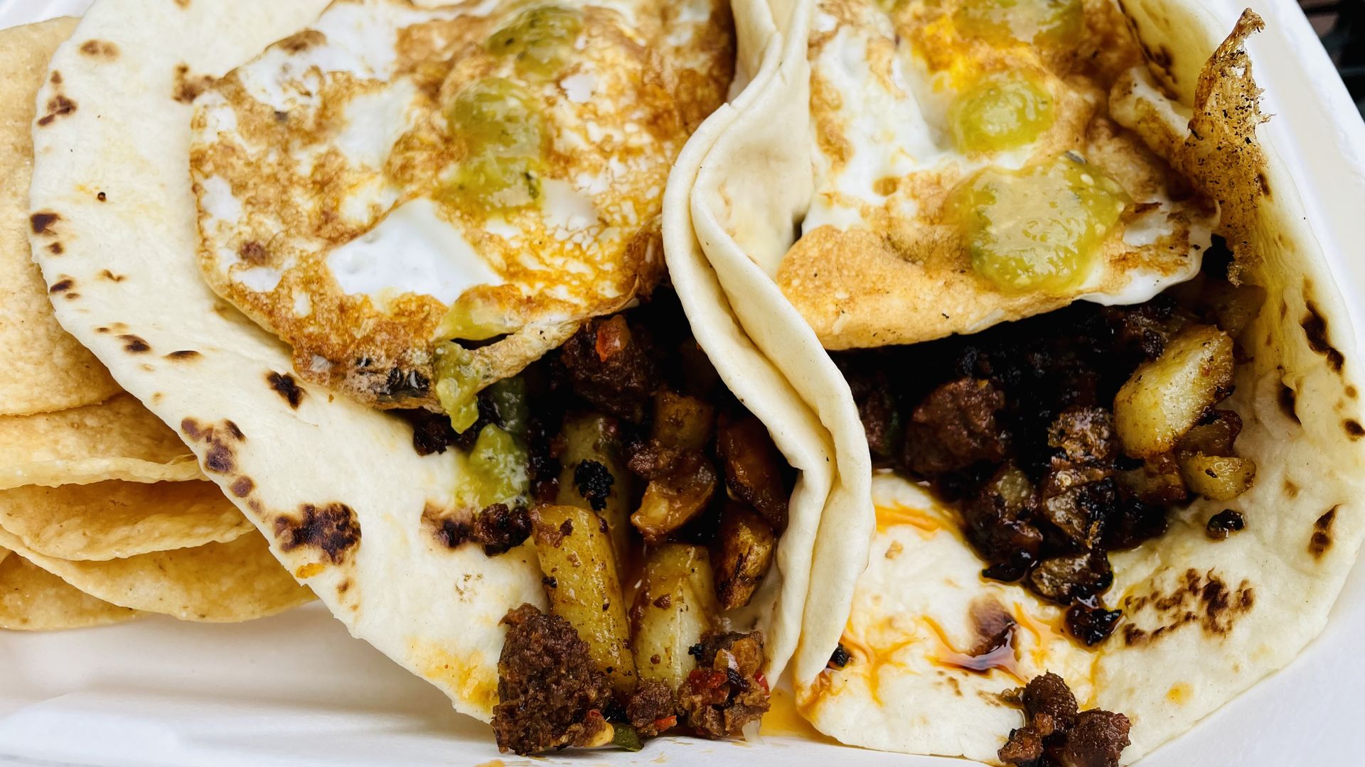 Slope & Hatch Chorizo Hash tacos with tomatillo salsa. Photo: John Frank/Axios
