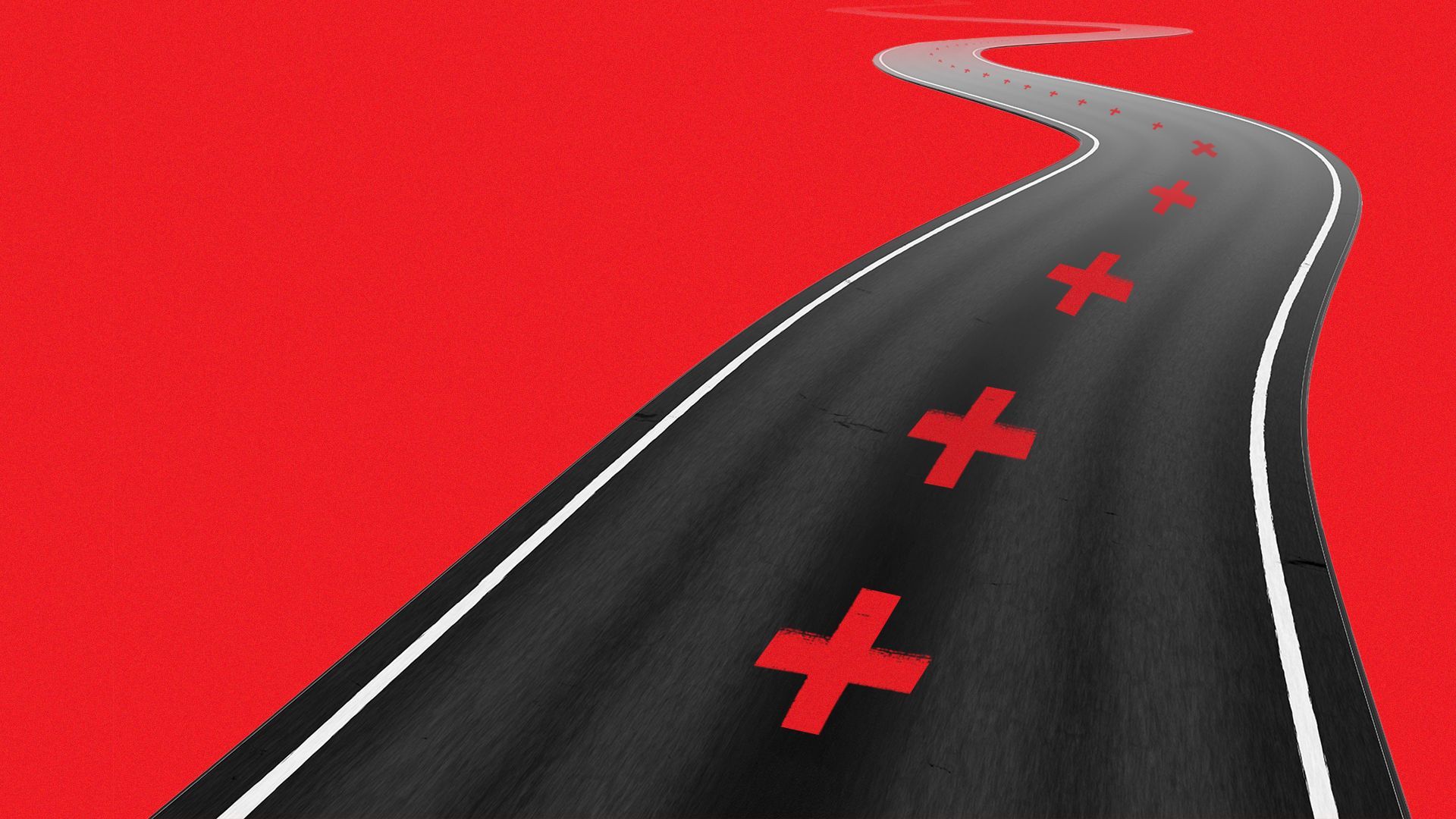 Illustration of a long, winding road with red health crosses painted down the middle as lane dividers
