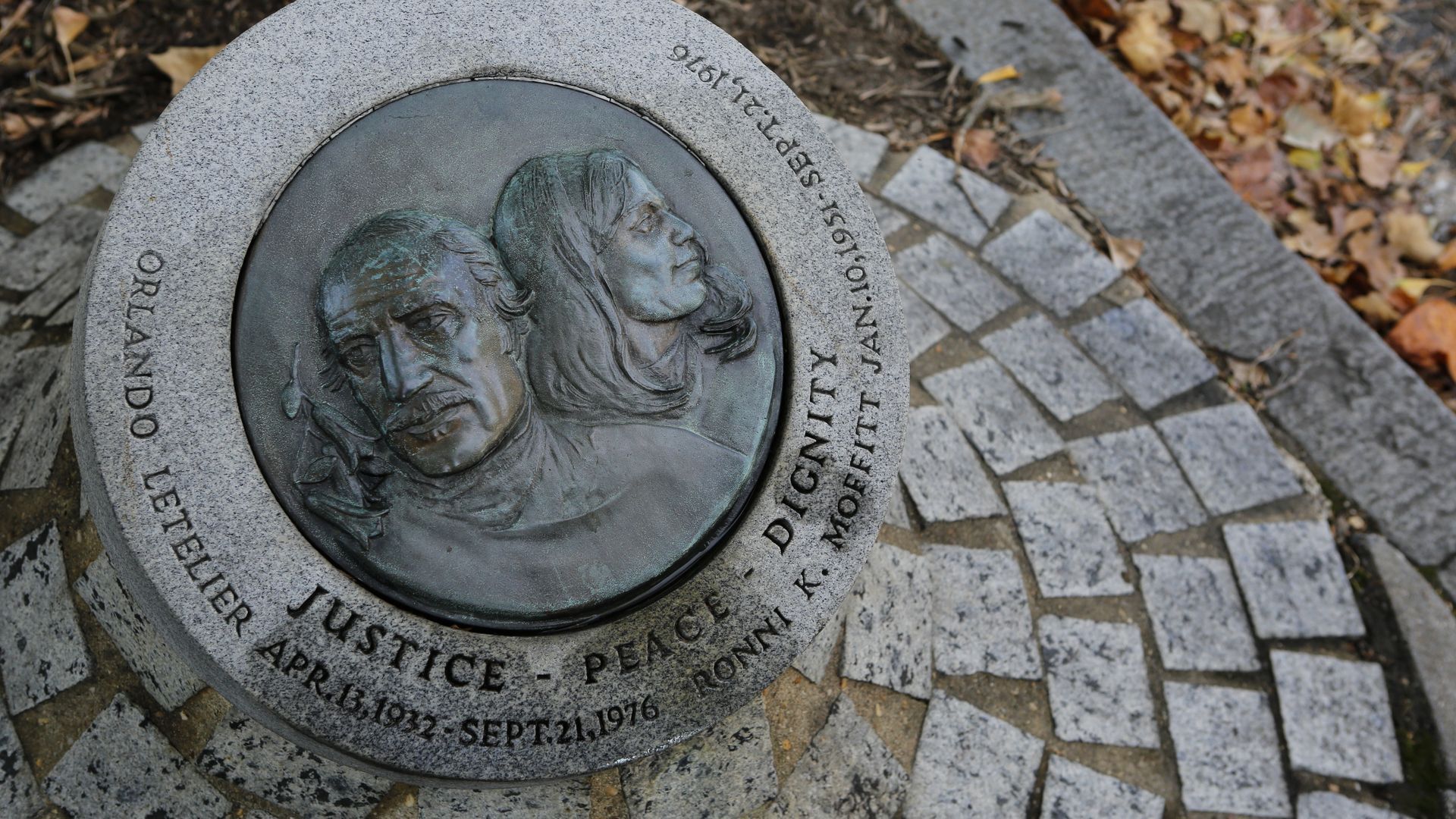 A memorial plaque remembers Orlando Letelier and Ronni Moffitt who they were assassinated by a car bomb explosion on September 21, 1976, in Washington, D.C. 
