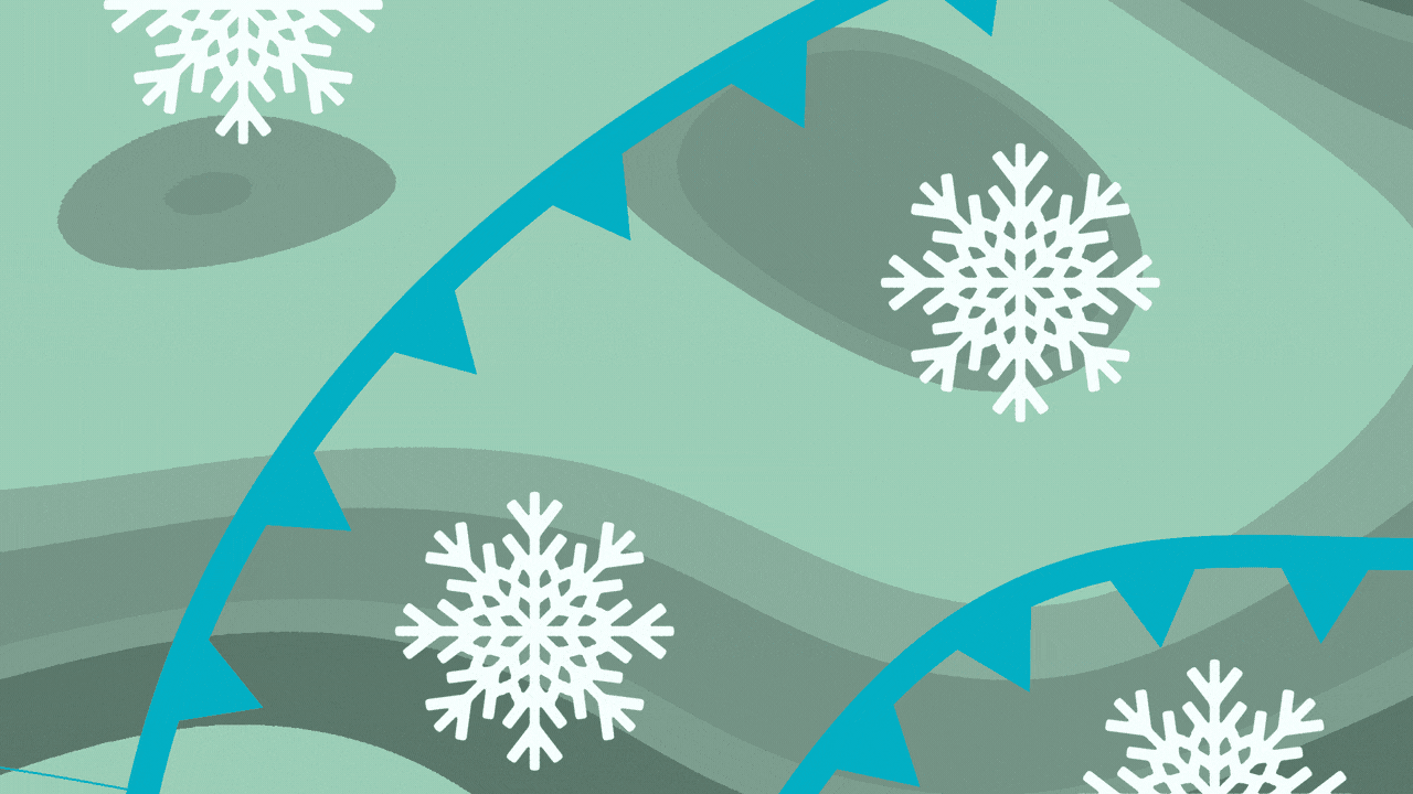 Animated illustration of a weather map with snowflakes, cold front symbols, and changing background colors.