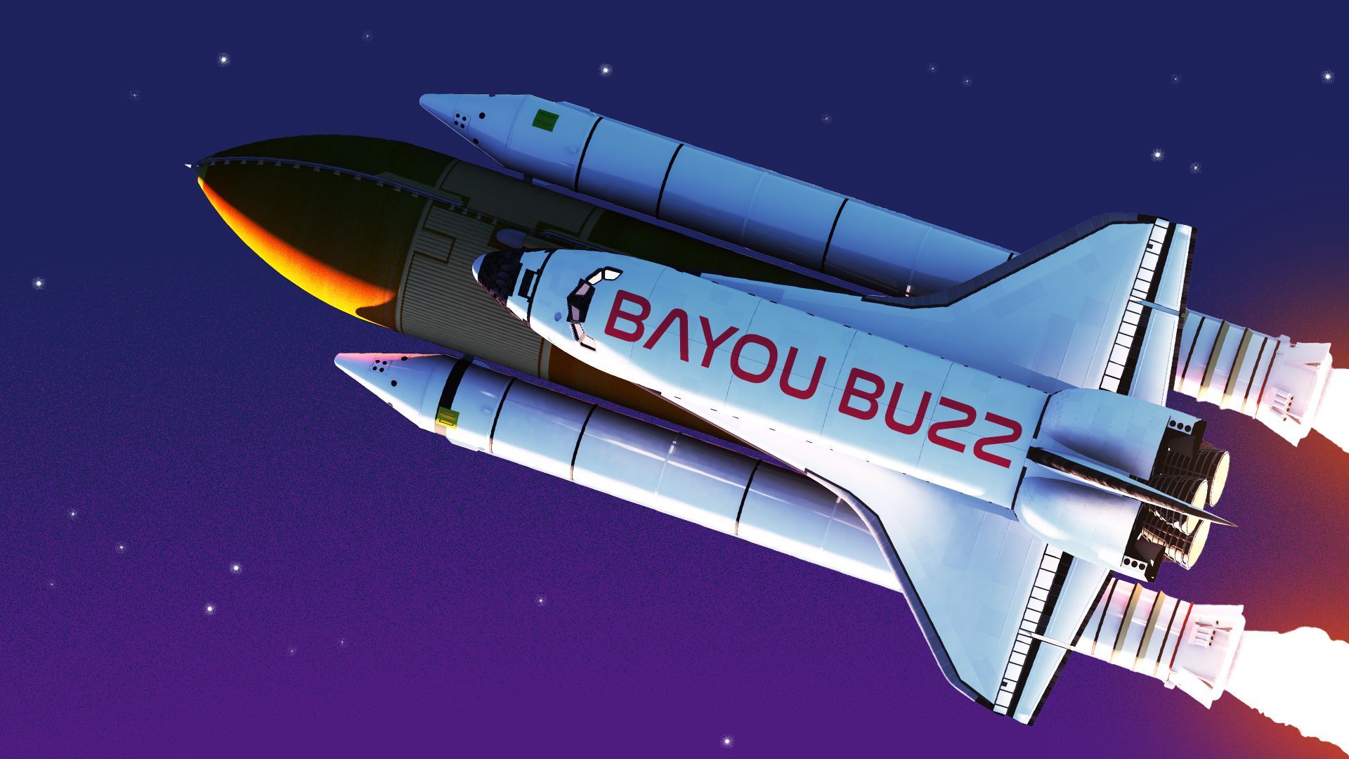 Illustration of a rocket ship labelled "Bayou Buzz."