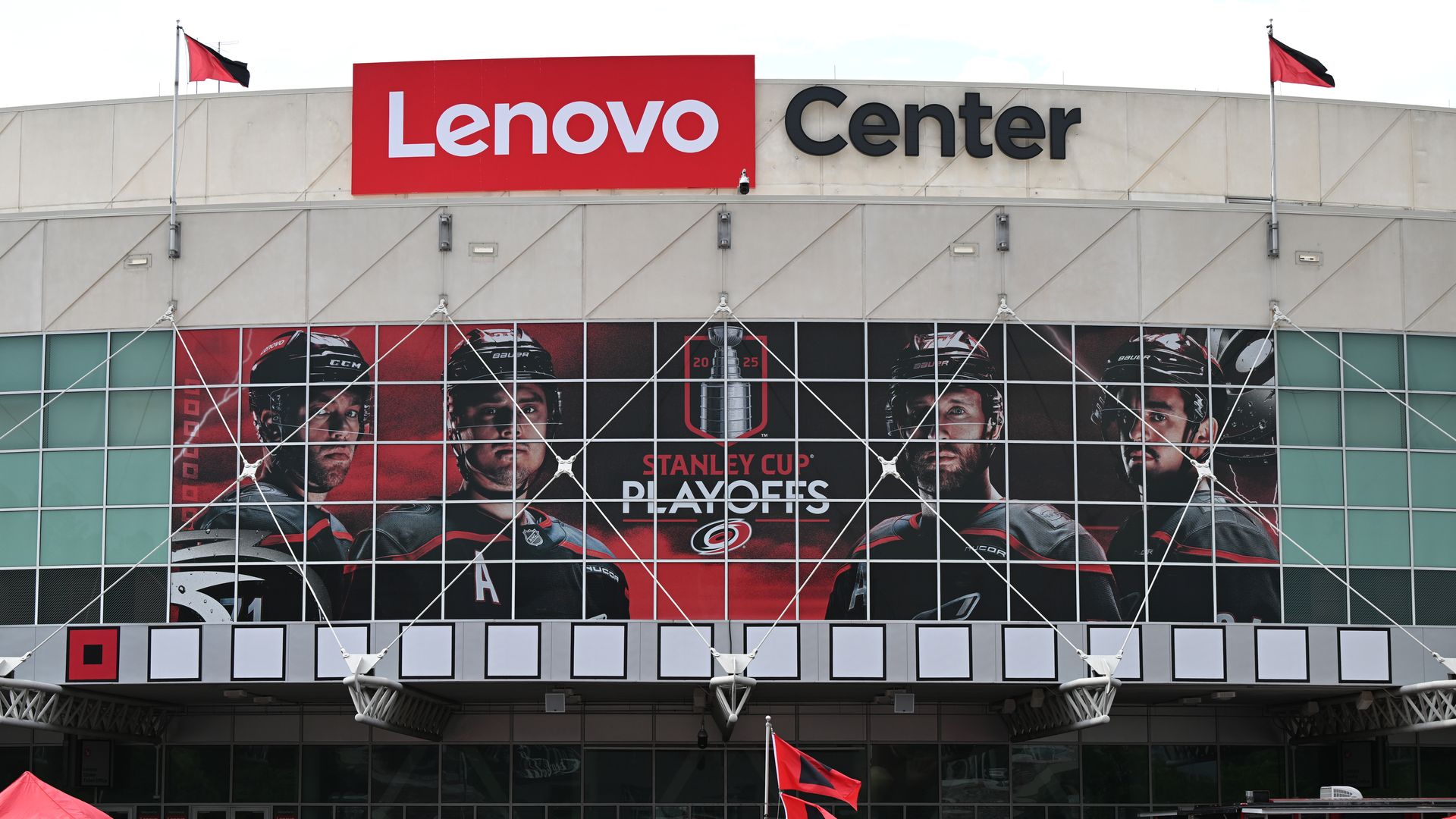 RALEIGH, NC - APRIL 22: Fans attend the Plaza Party outside of Lenovo Center prior to game two of the Eastern Conference First Round of the NHL Stanley Cup Playoffs between the New Jersey Devils and the Carolina Hurricanes on April 22, 2025 at Lenovo Center in Raleigh, North Carolina. (Photo by Kath