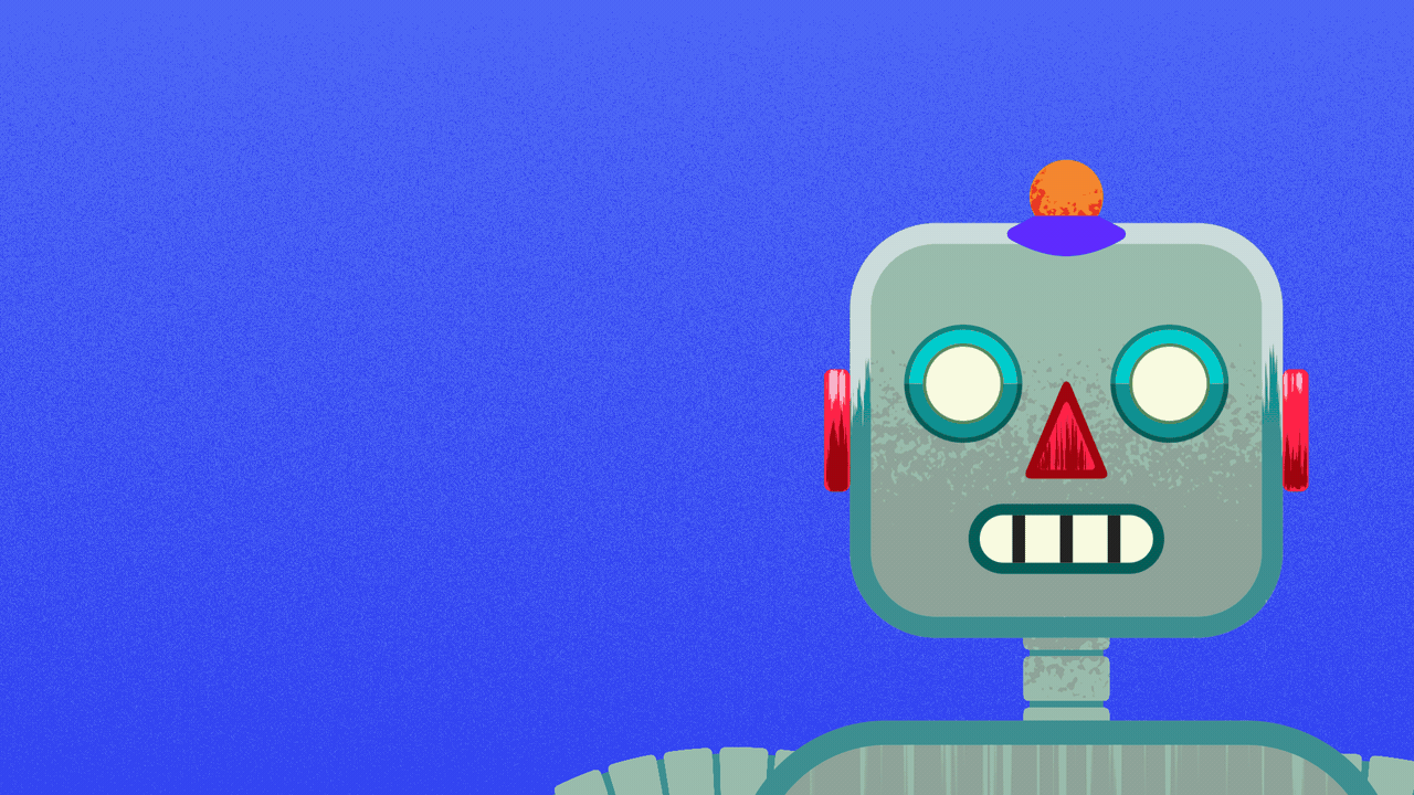 Animated illustration of a robot putting a beret on its head and growing a goatee.
