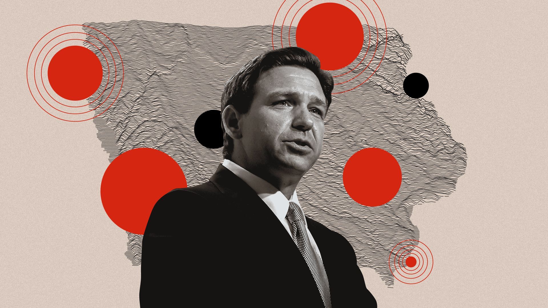 Photo illustration of Ron DeSantis against a background image of an abstract topographical map of Iowa surrounded by black and red circles.