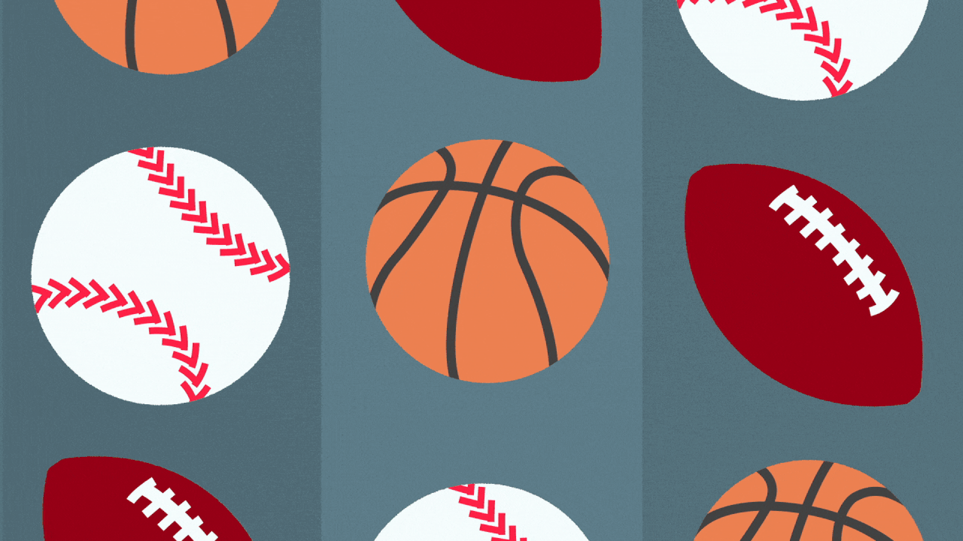 Illustration of a slot machine featuring a basketball, baseball and football, ending in three dollar signs.
