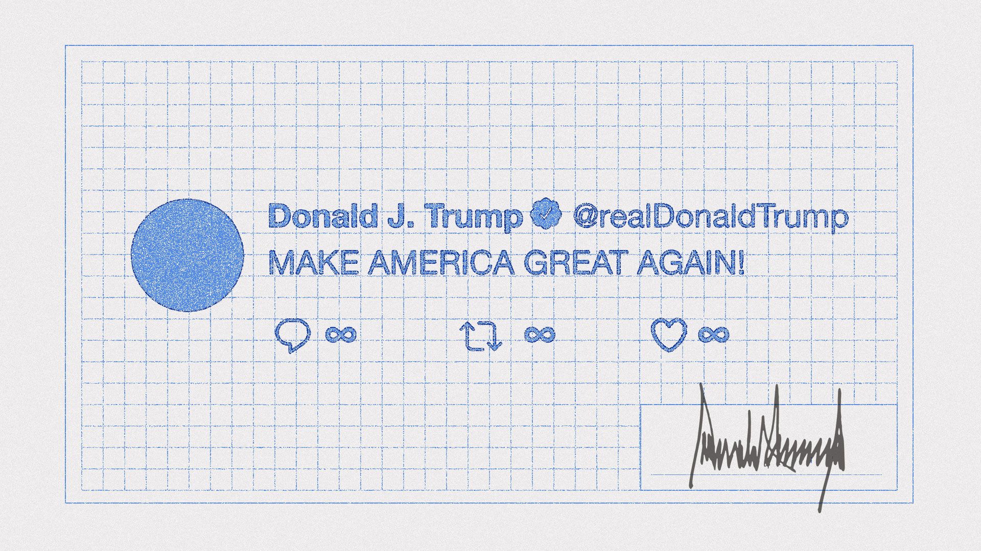 A blueprint of a tweet signed by Donald J. Trump.