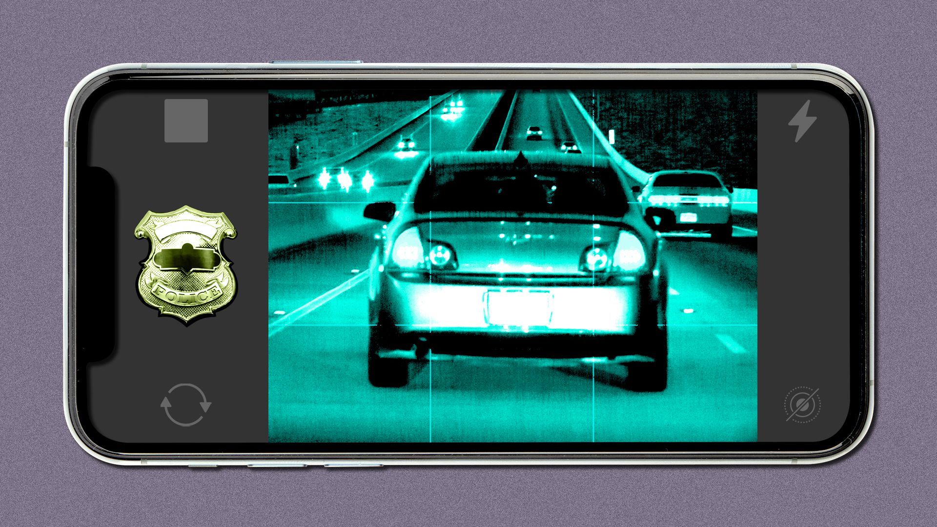 Illustration of a smartphone camera taking a photo of a car, with a police badge for a shutter button.