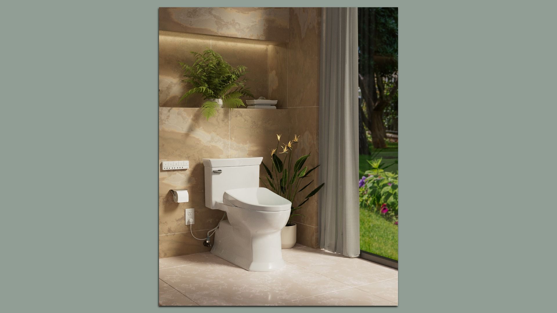 Modern bathroom with a white toilet plugged into an outlet, and a garden view through a glass door.
