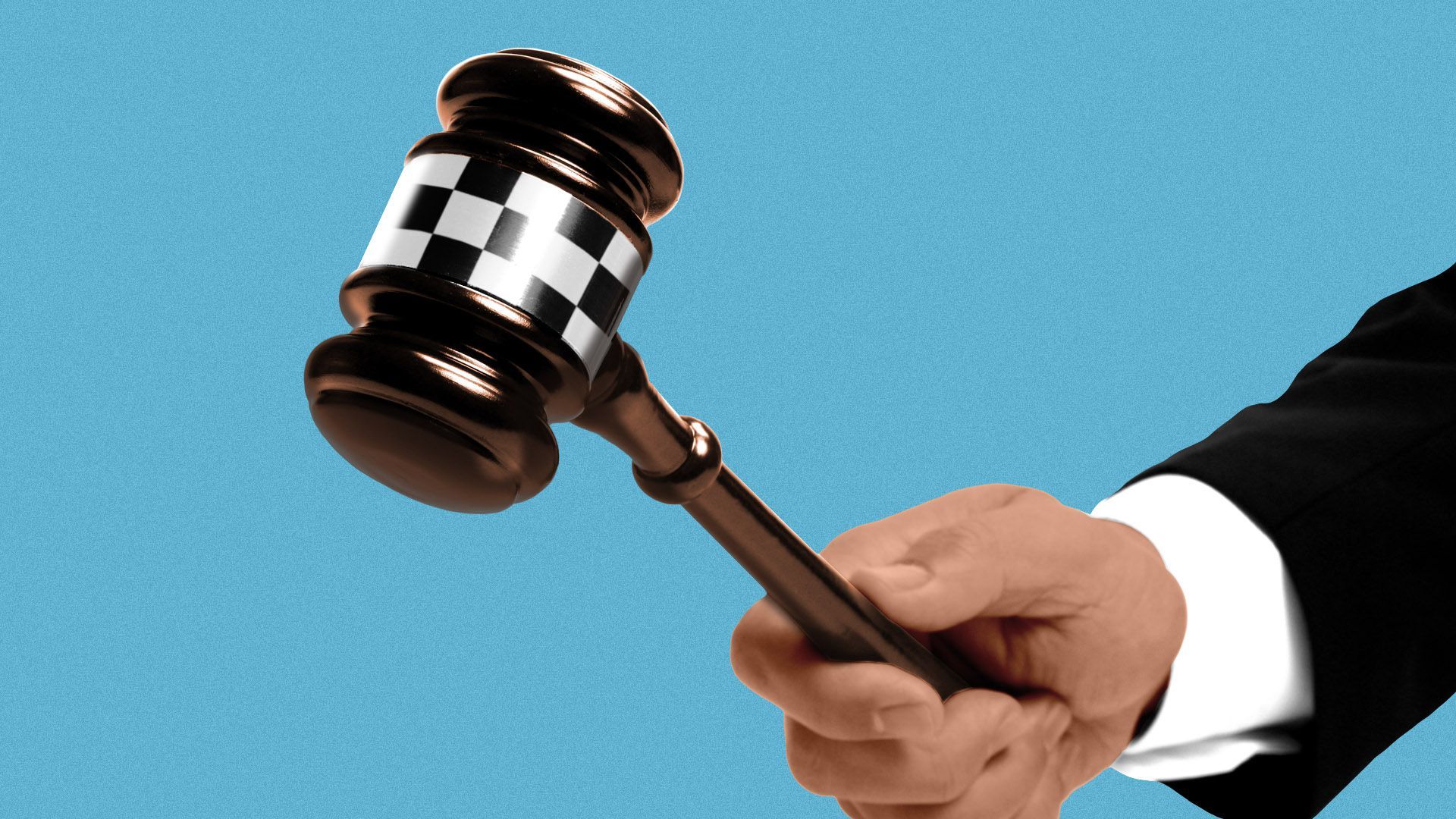 Illustration of a hand holding a gavel with a checker print flag design on it