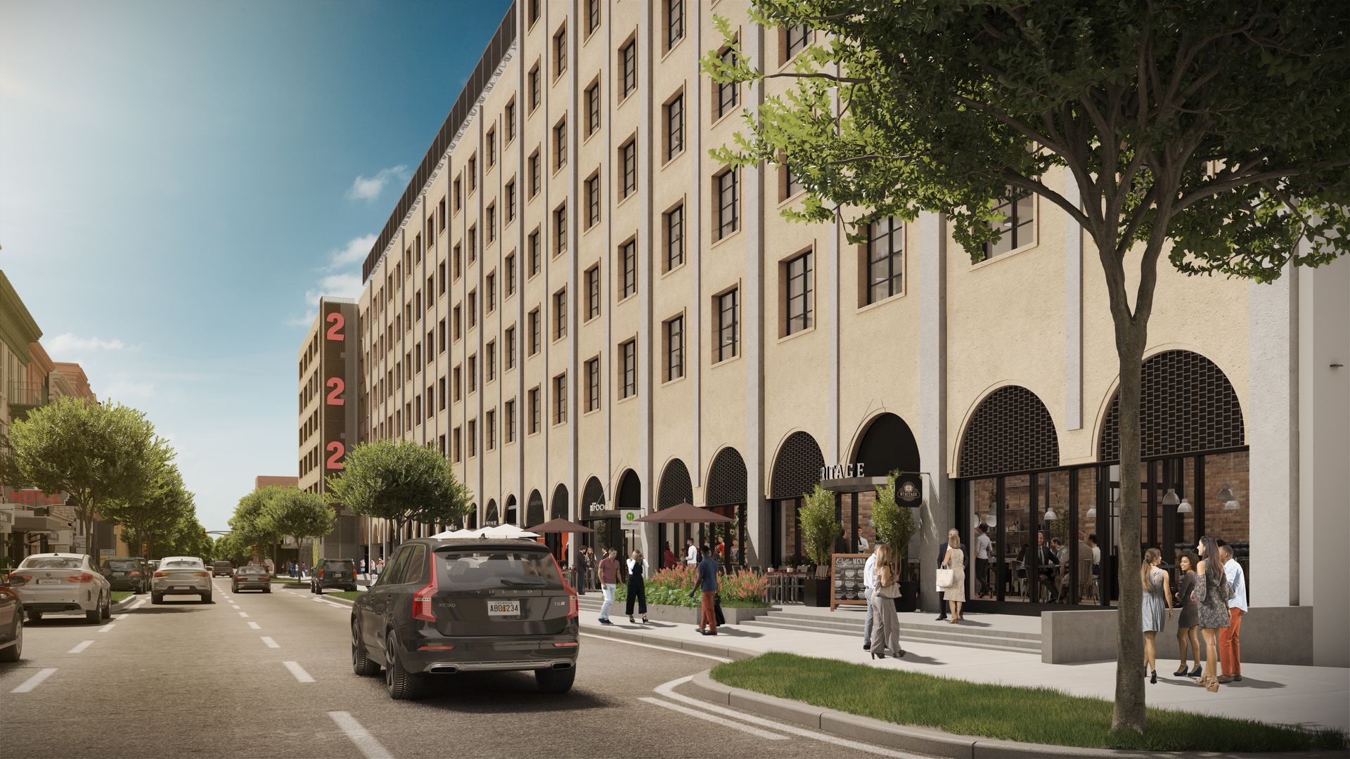 A rendering of the redeveloped 222 Mitchell Street, a former bank building turned into retail and offices